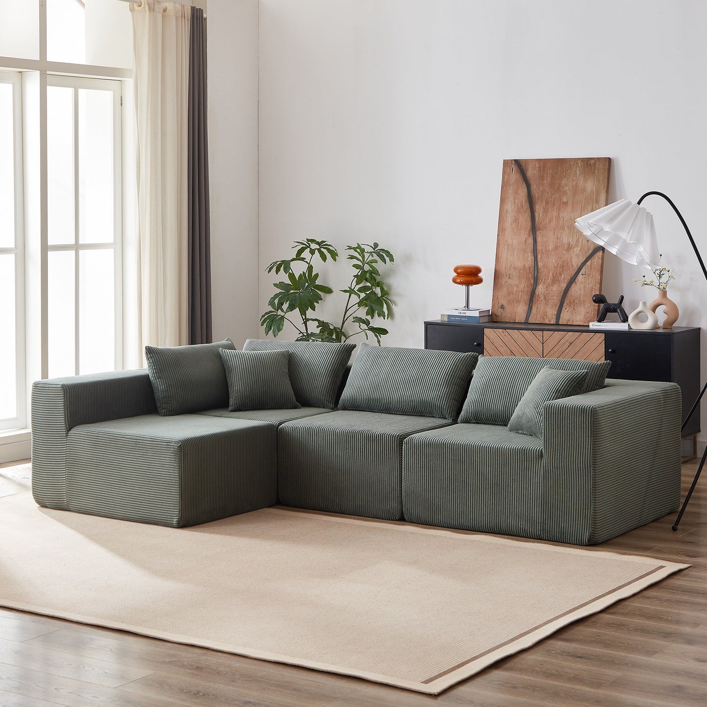 Canapé d'angle modulaire en cordouroy de 264 cm, ensemble de canapé de sol, canapé compressé rempli de mousse, combinaison gratuite de 4 pièces