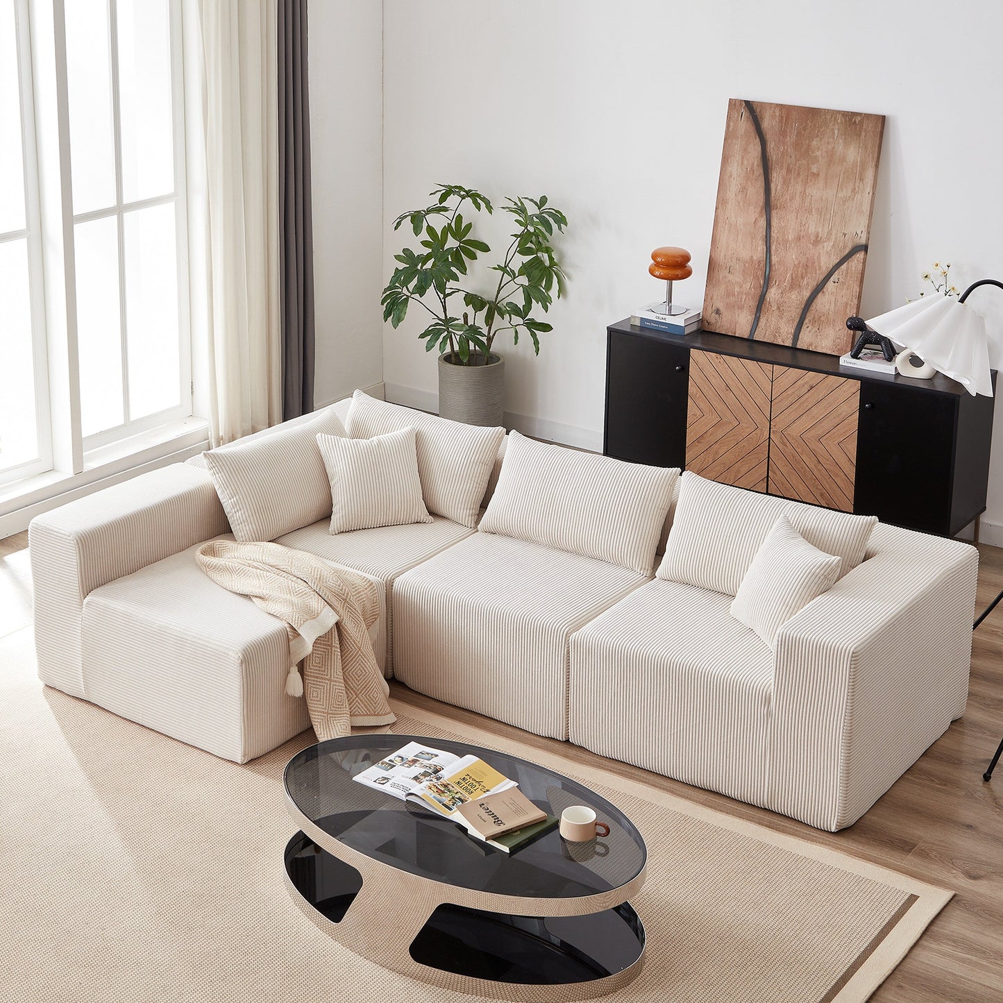 Canapé d'angle modulaire en cordouroy de 264 cm, ensemble de canapé de sol, canapé compressé rempli de mousse, combinaison gratuite de 4 pièces