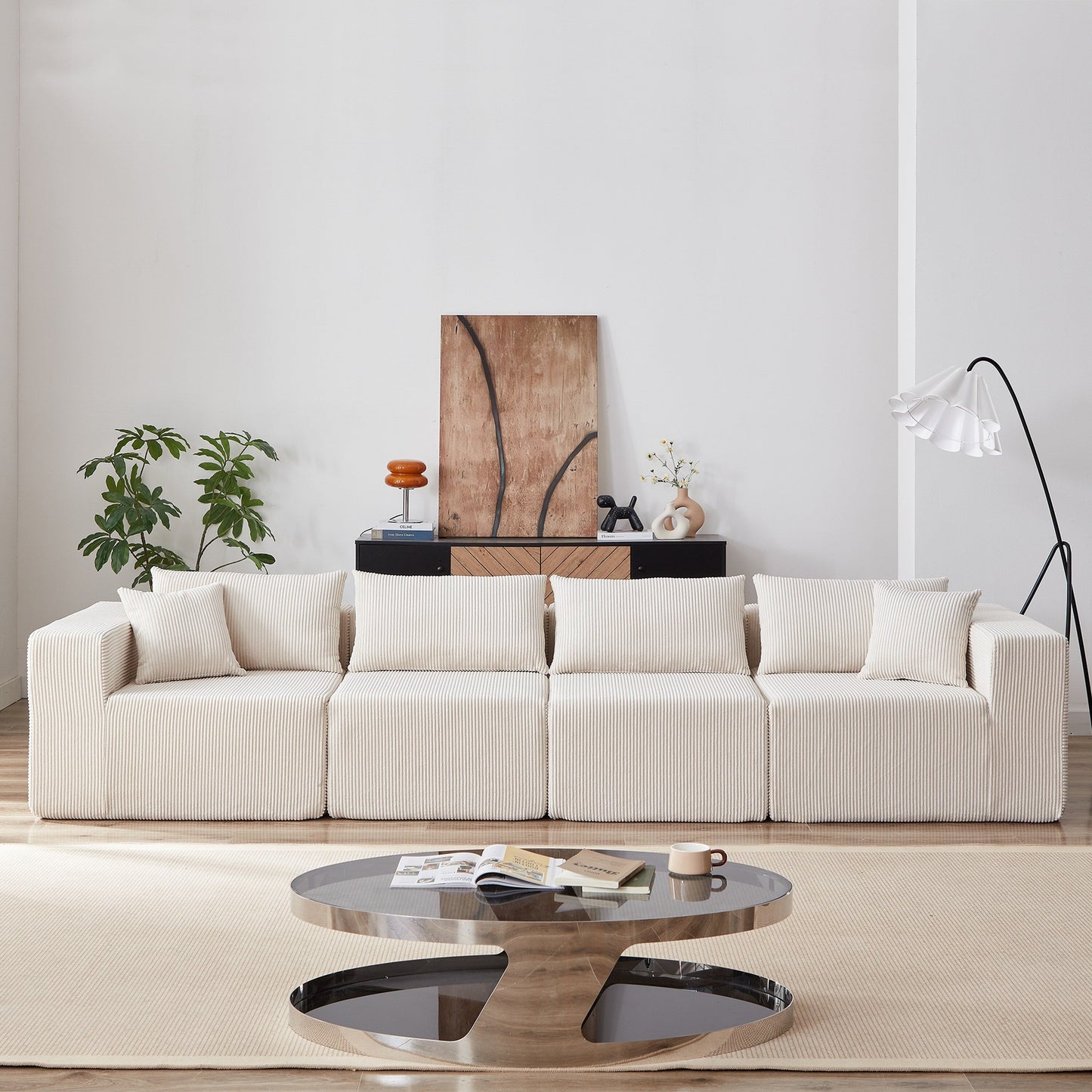 Canapé d'angle modulaire en cordouroy de 264 cm, ensemble de canapé de sol, canapé compressé rempli de mousse, combinaison gratuite de 4 pièces