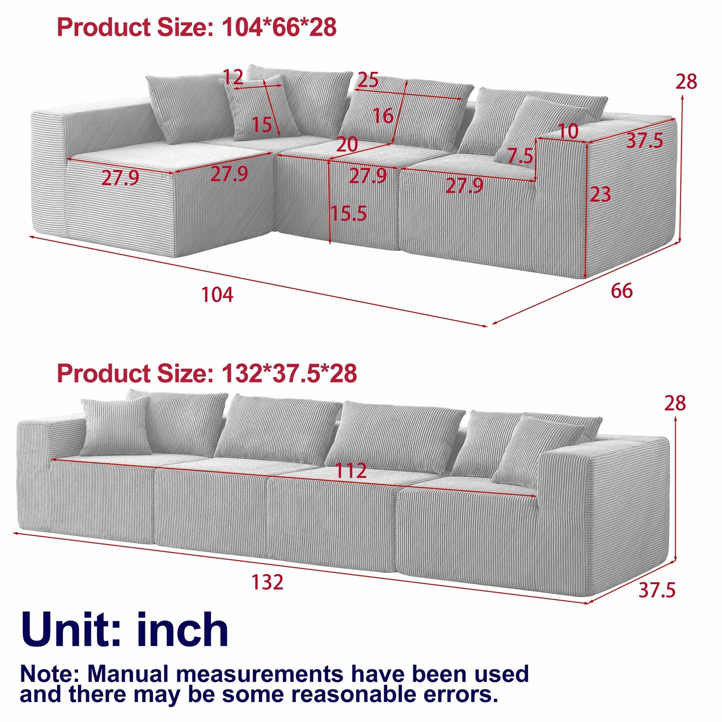 Canapé d'angle modulaire en cordouroy de 264 cm, ensemble de canapé de sol, canapé compressé rempli de mousse, combinaison gratuite de 4 pièces