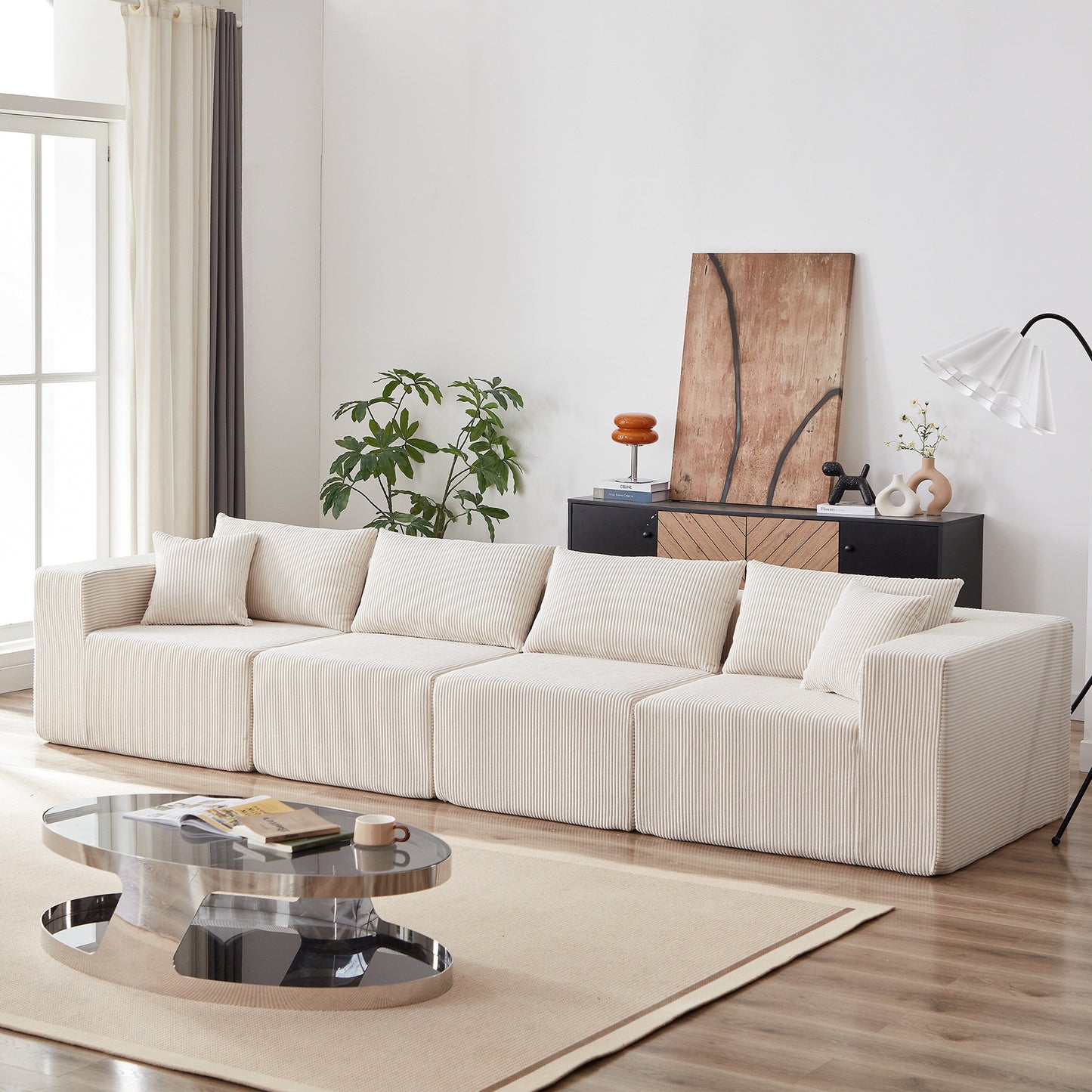 Canapé d'angle modulaire en cordouroy de 264 cm, ensemble de canapé de sol, canapé compressé rempli de mousse, combinaison gratuite de 4 pièces