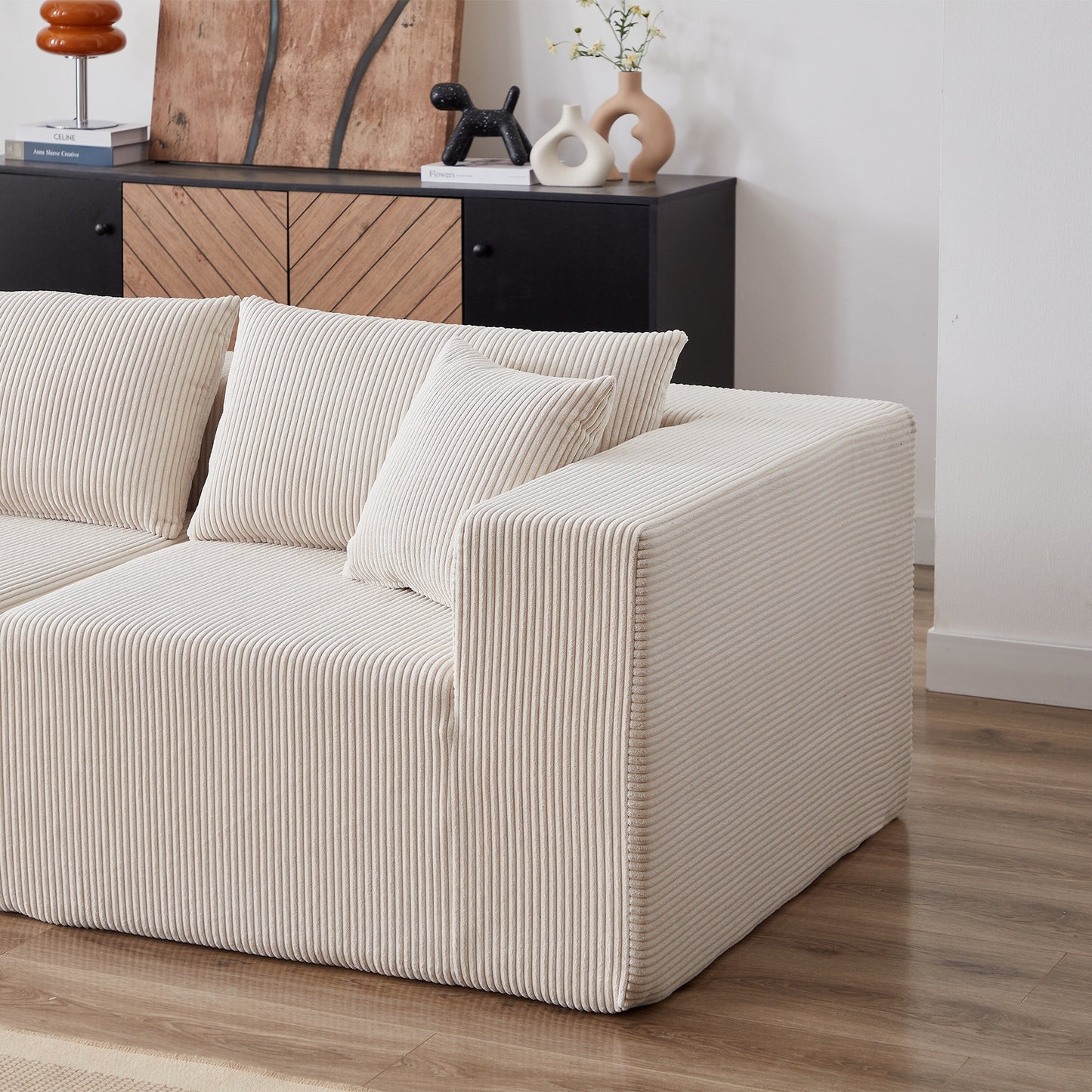 Canapé d'angle modulaire en cordouroy de 264 cm, ensemble de canapé de sol, canapé compressé rempli de mousse, combinaison gratuite de 4 pièces