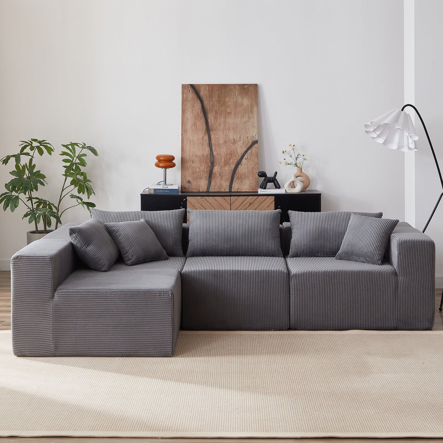 Canapé d'angle modulaire en cordouroy de 264 cm, ensemble de canapé de sol, canapé compressé rempli de mousse, combinaison gratuite de 4 pièces