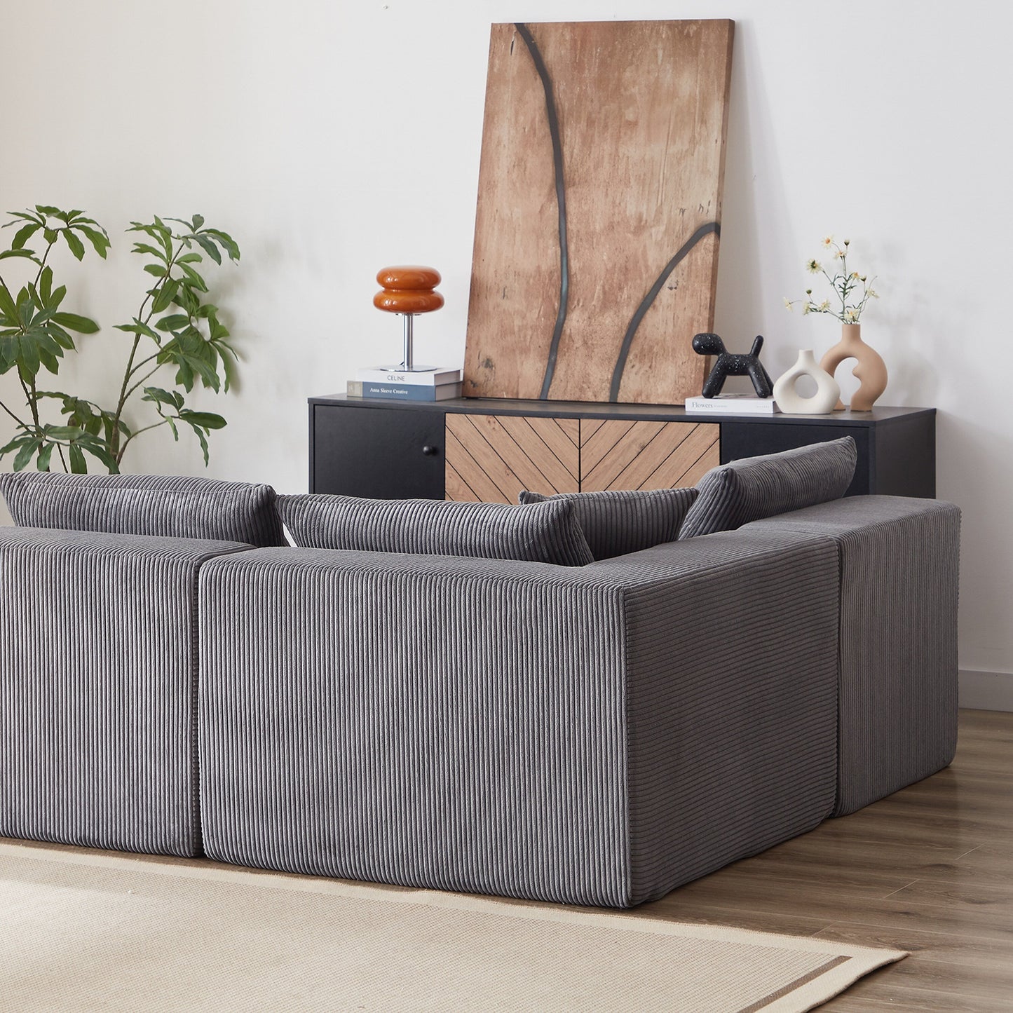Canapé d'angle modulaire en cordouroy de 264 cm, ensemble de canapé de sol, canapé compressé rempli de mousse, combinaison gratuite de 4 pièces