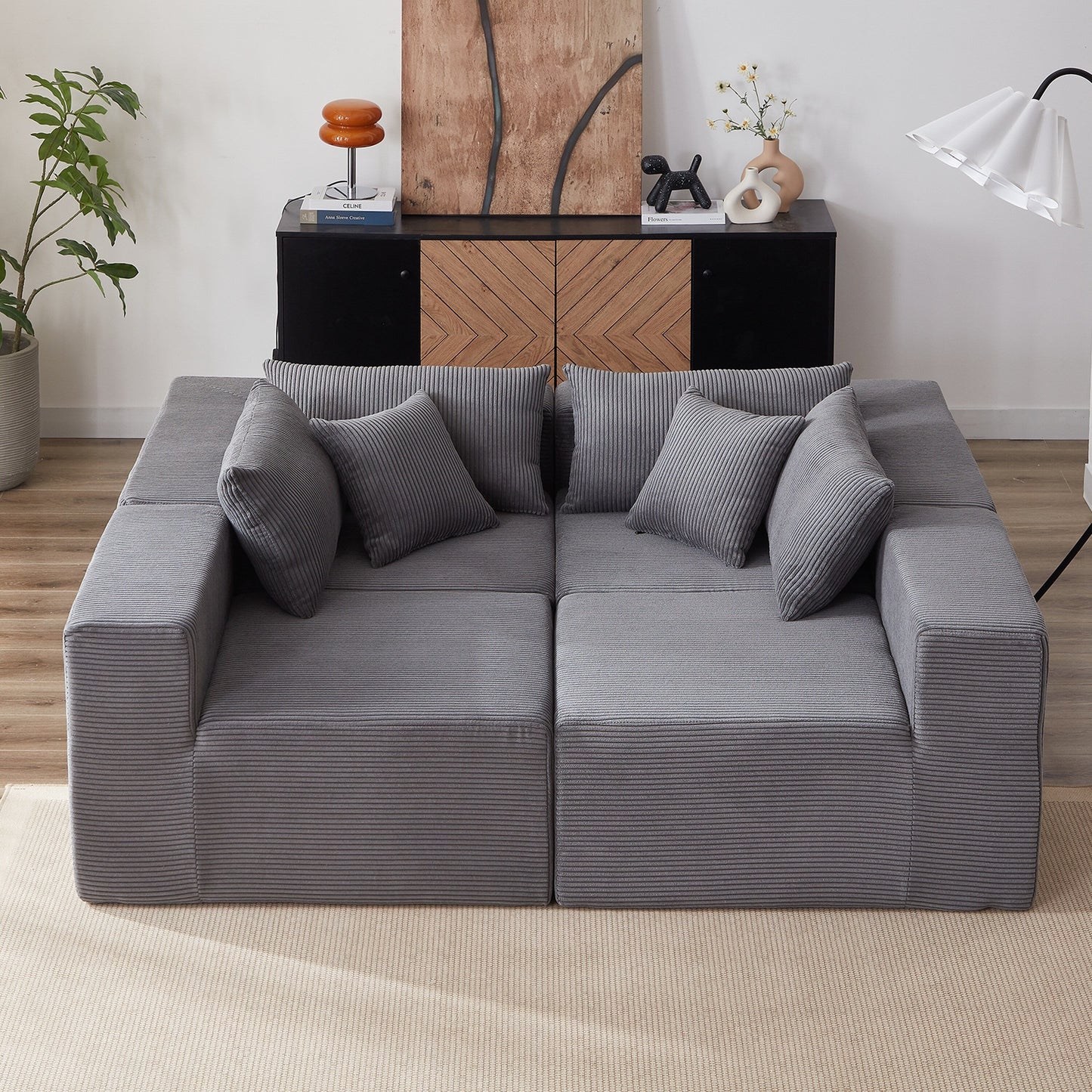 Canapé d'angle modulaire en cordouroy de 264 cm, ensemble de canapé de sol, canapé compressé rempli de mousse, combinaison gratuite de 4 pièces