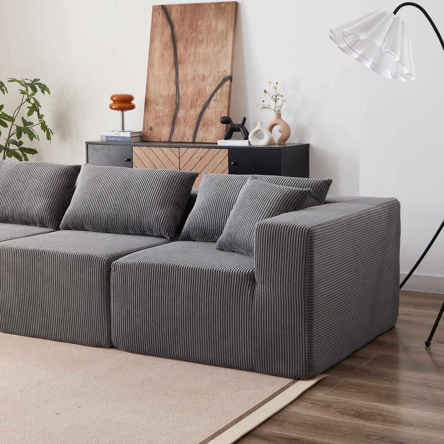 Canapé d'angle modulaire en cordouroy de 264 cm, ensemble de canapé de sol, canapé compressé rempli de mousse, combinaison gratuite de 4 pièces