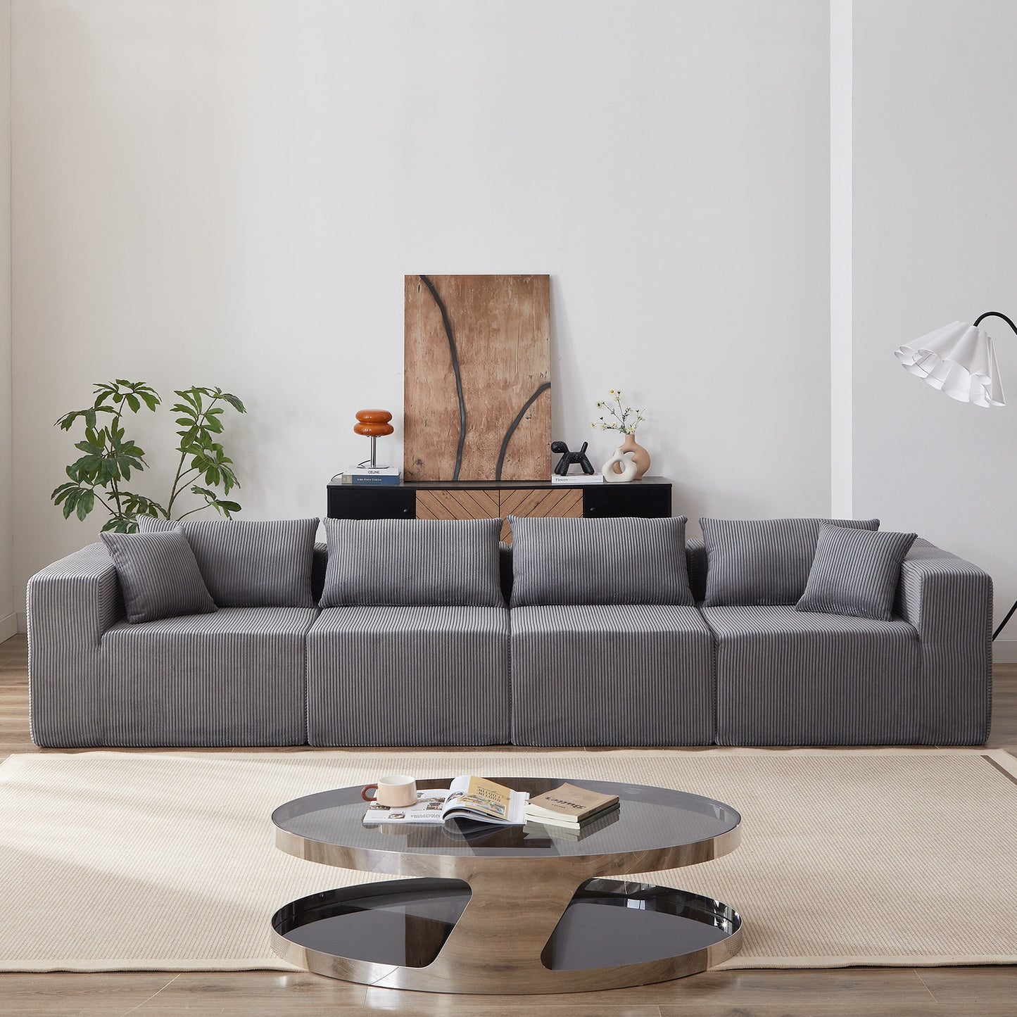 Canapé d'angle modulaire en cordouroy de 264 cm, ensemble de canapé de sol, canapé compressé rempli de mousse, combinaison gratuite de 4 pièces
