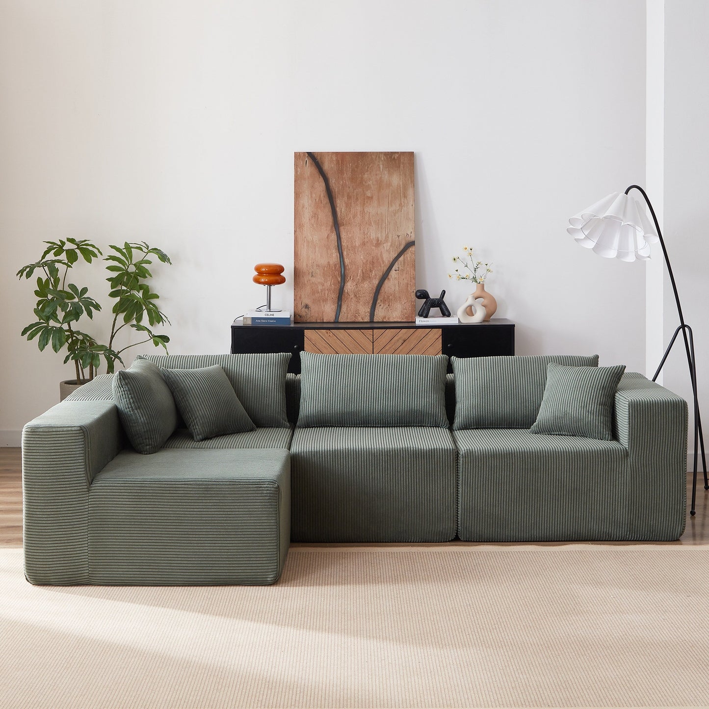 Canapé d'angle modulaire en cordouroy de 264 cm, ensemble de canapé de sol, canapé compressé rempli de mousse, combinaison gratuite de 4 pièces