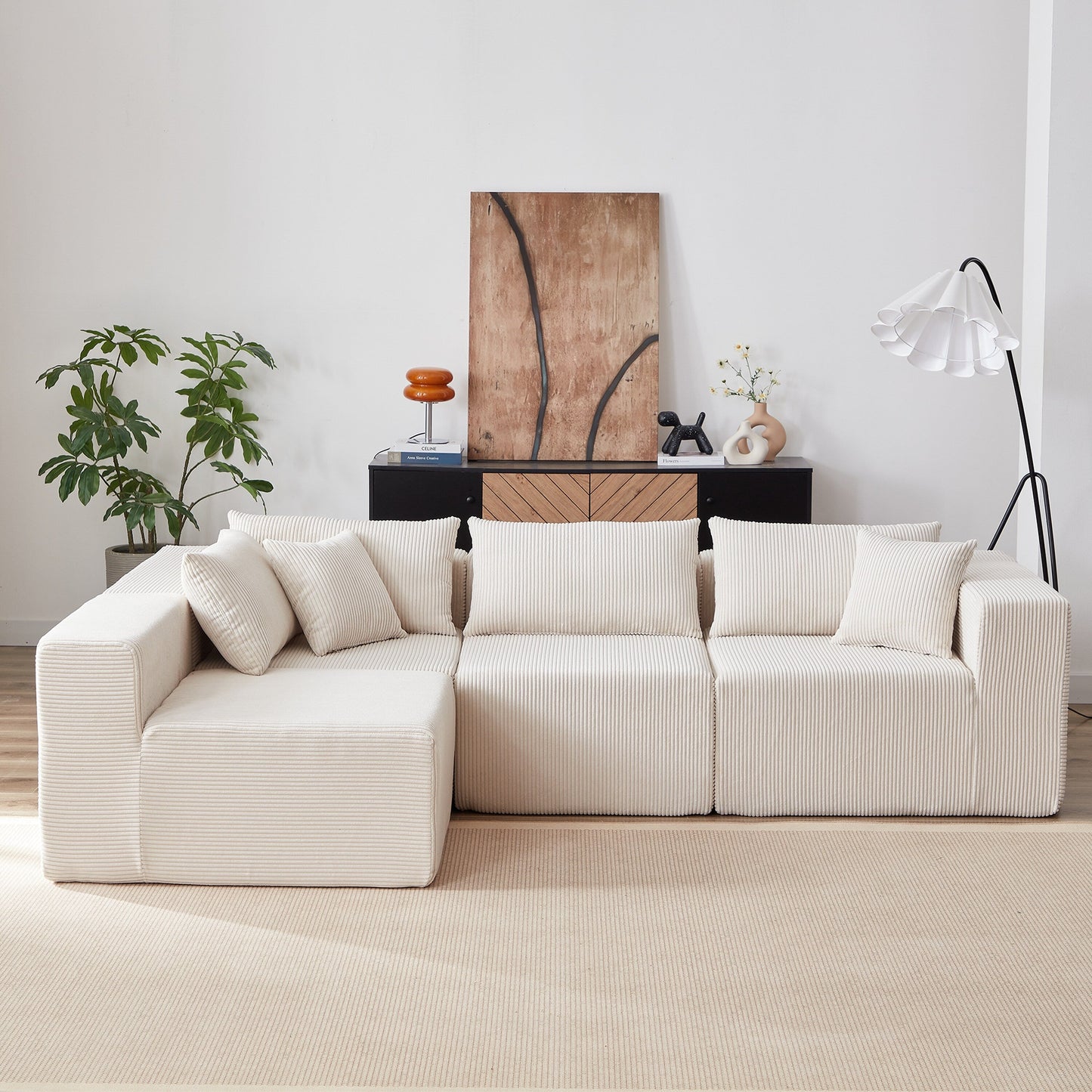 Canapé d'angle modulaire en cordouroy de 264 cm, ensemble de canapé de sol, canapé compressé rempli de mousse, combinaison gratuite de 4 pièces