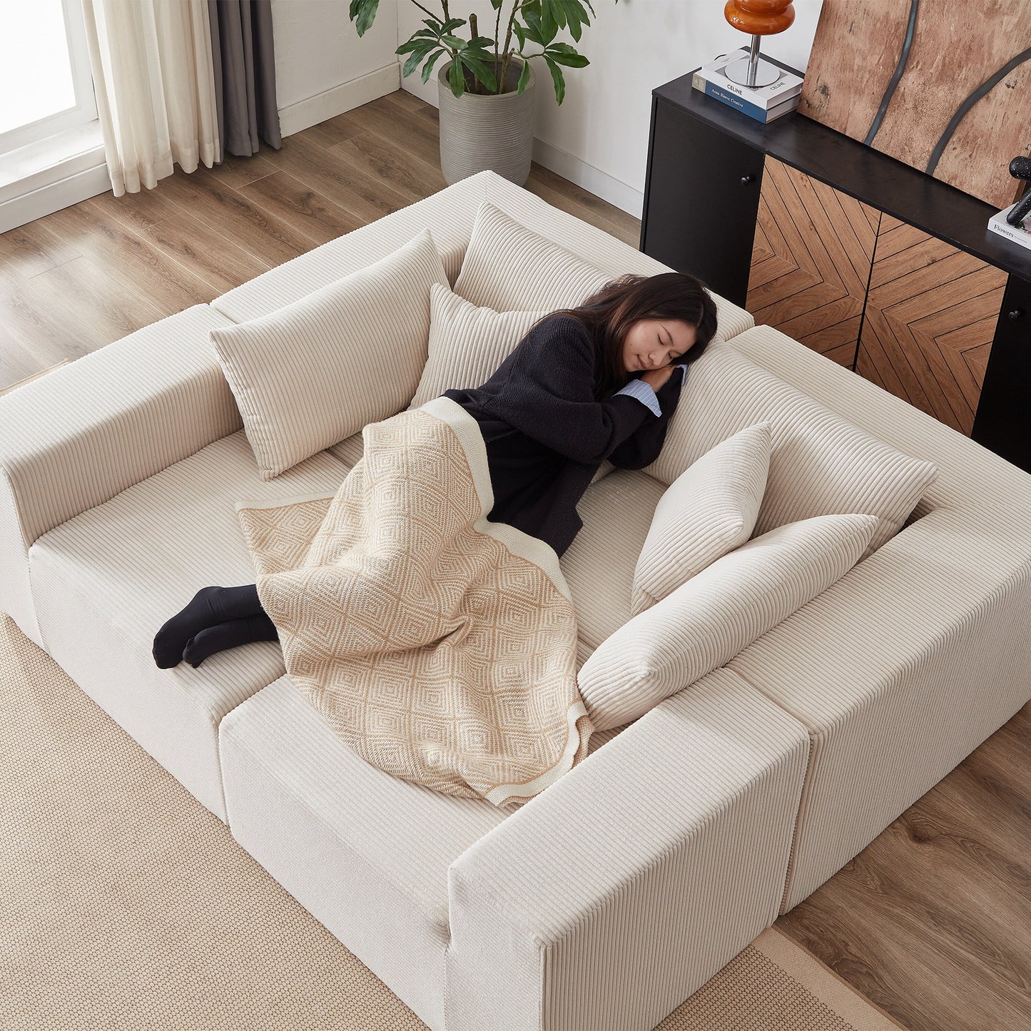 Canapé d'angle modulaire en cordouroy de 264 cm, ensemble de canapé de sol, canapé compressé rempli de mousse, combinaison gratuite de 4 pièces