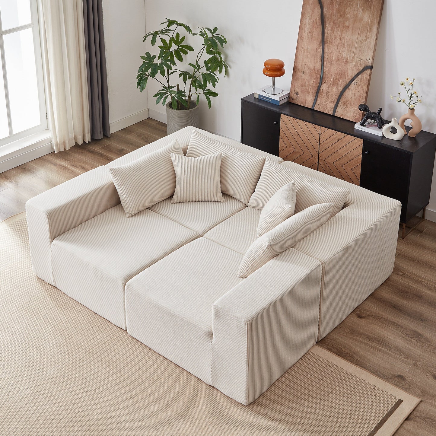 Canapé d'angle modulaire en cordouroy de 264 cm, ensemble de canapé de sol, canapé compressé rempli de mousse, combinaison gratuite de 4 pièces