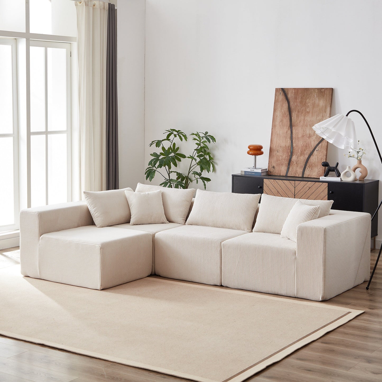 Canapé d'angle modulaire en cordouroy de 264 cm, ensemble de canapé de sol, canapé compressé rempli de mousse, combinaison gratuite de 4 pièces