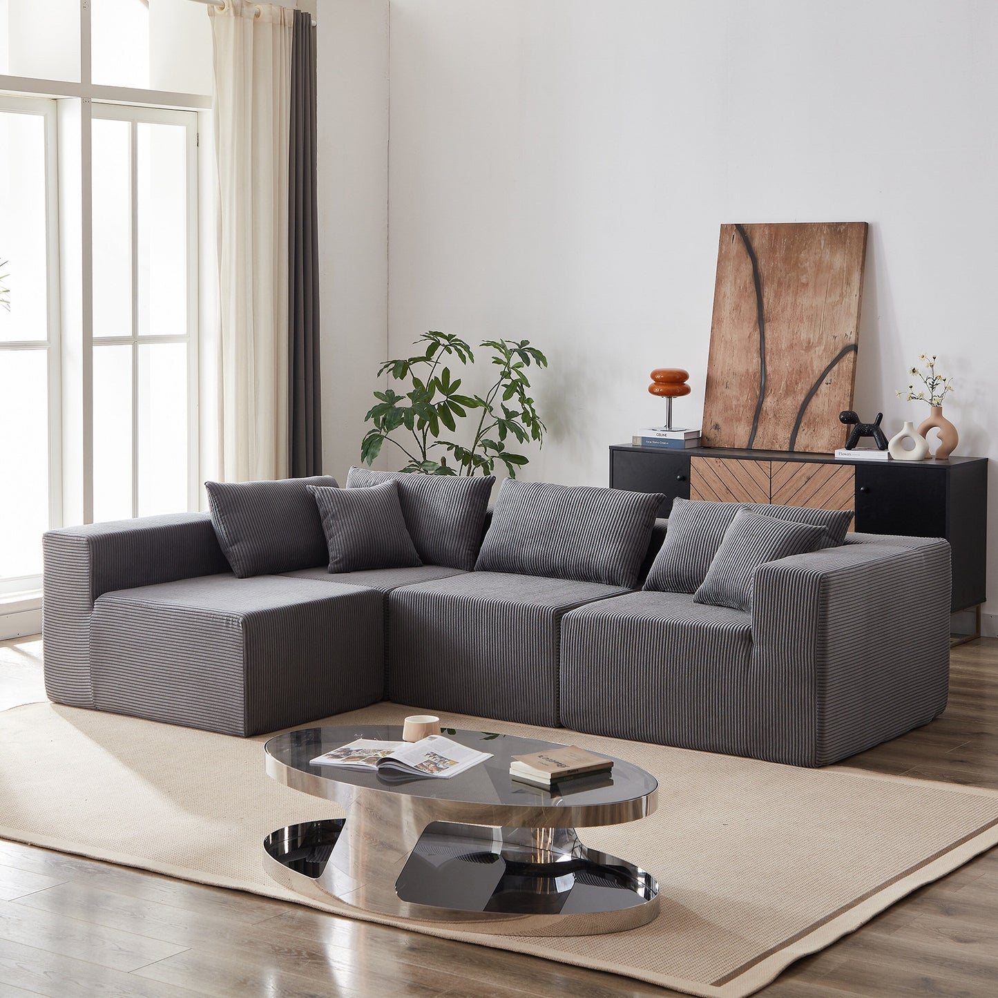 Canapé d'angle modulaire en cordouroy de 264 cm, ensemble de canapé de sol, canapé compressé rempli de mousse, combinaison gratuite de 4 pièces