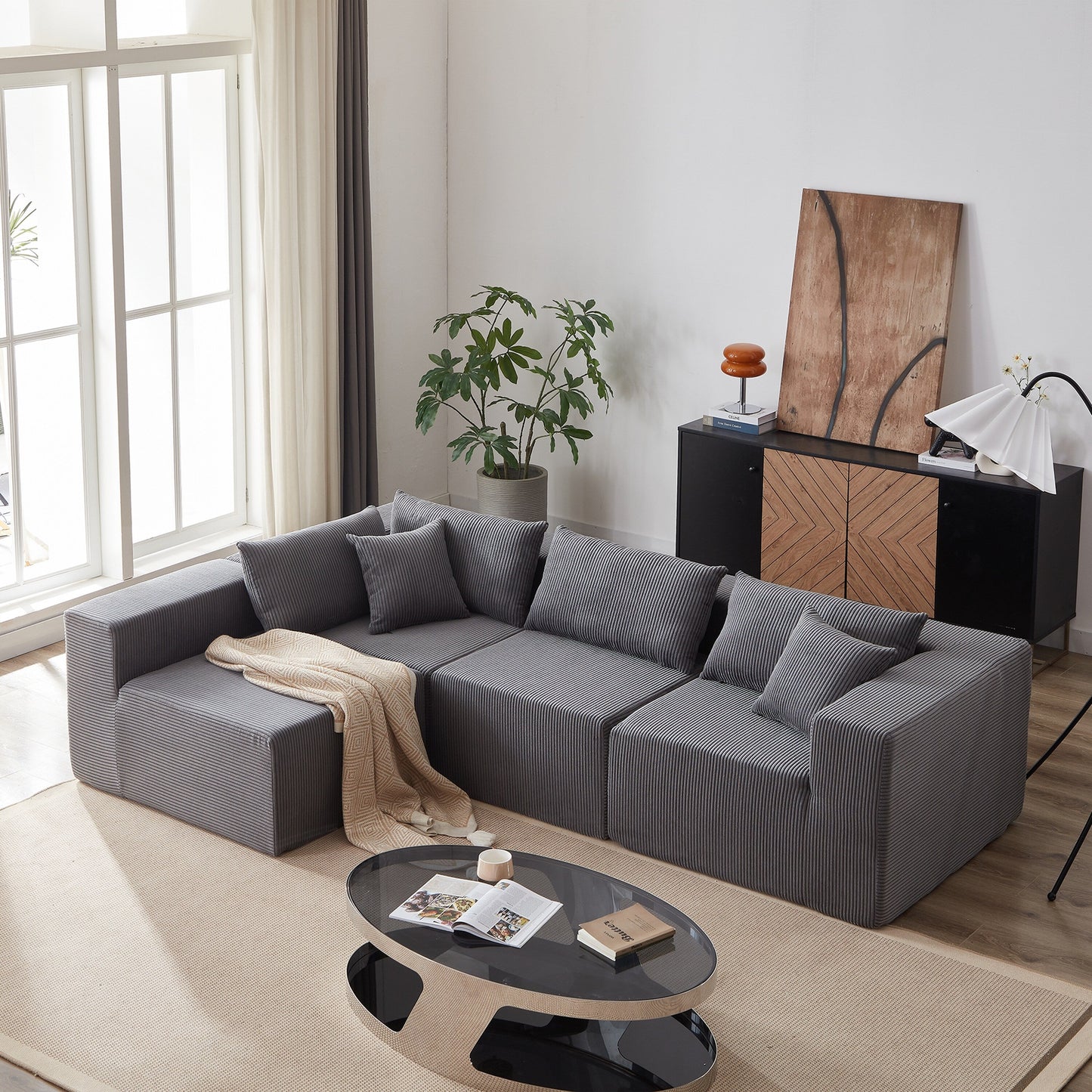 Canapé d'angle modulaire en cordouroy de 264 cm, ensemble de canapé de sol, canapé compressé rempli de mousse, combinaison gratuite de 4 pièces