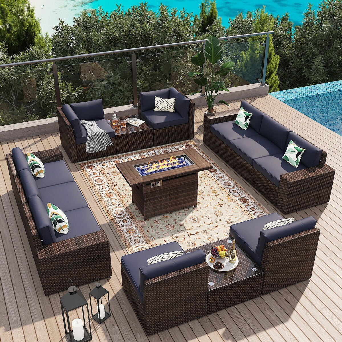 Ensemble de meubles de jardin 13 pièces avec table à feu de 44 pouces