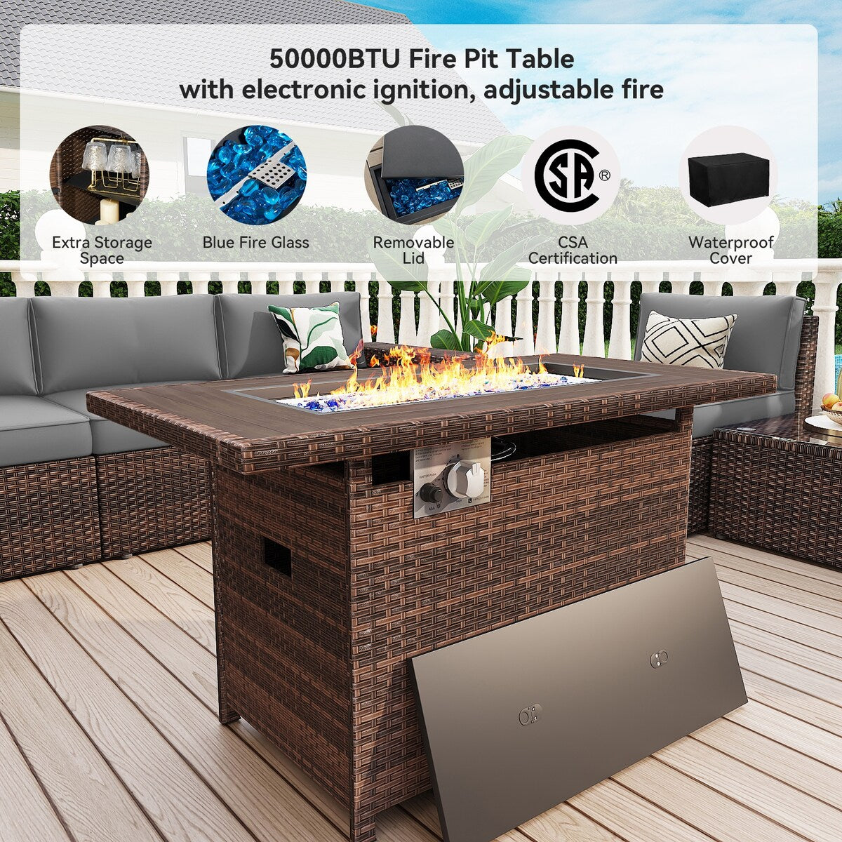 Ensemble de meubles de jardin 13 pièces avec table à feu de 44 pouces