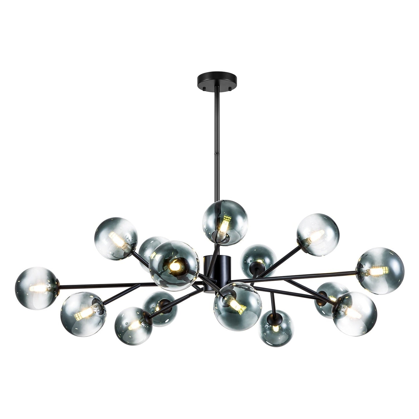 Luminaire à 15 lumières, style moderne, en forme de sputnik, pour îlot de cuisine, avec branches et globes de verre en forme de bulles.