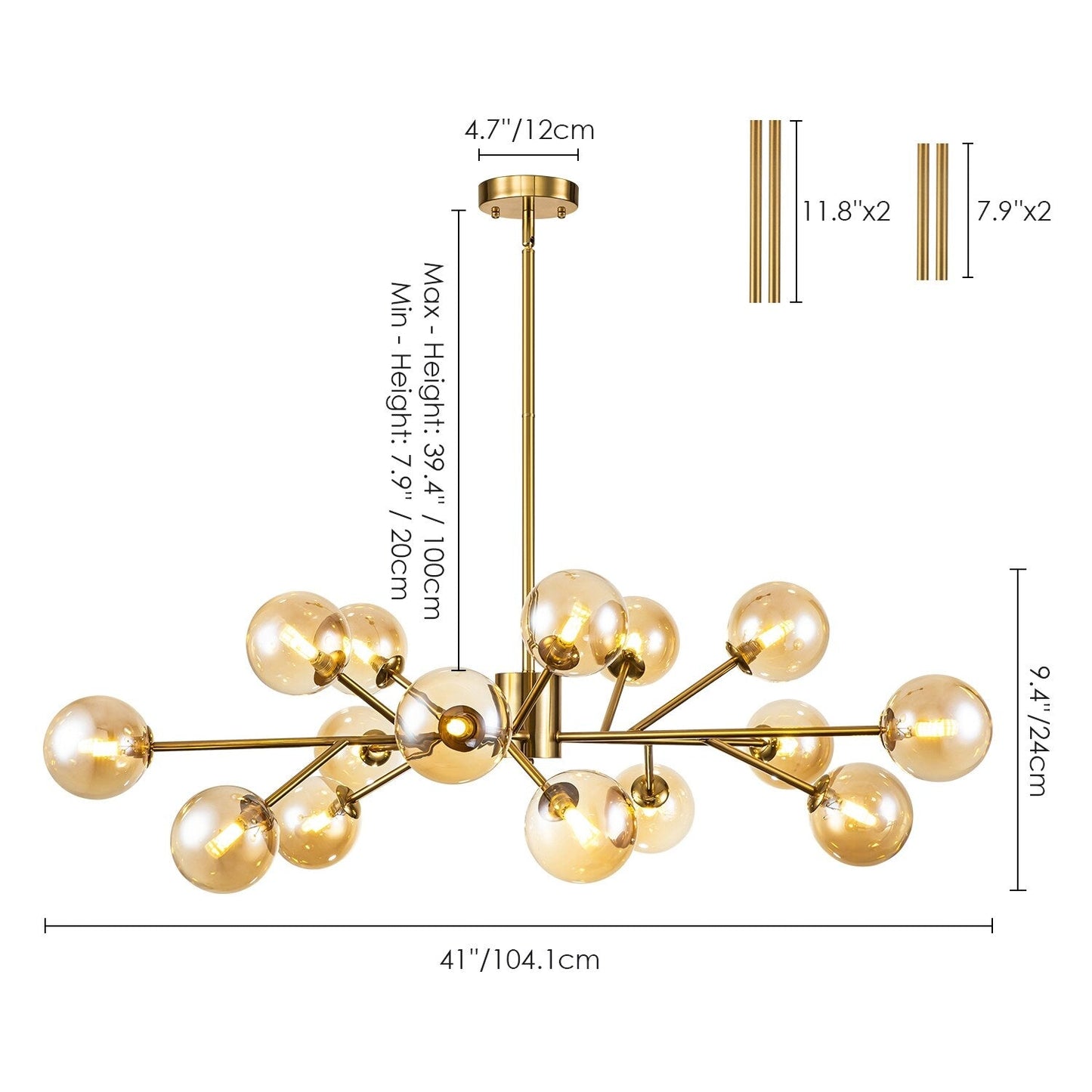 Luminaire à 15 lumières, style moderne, en forme de sputnik, pour îlot de cuisine, avec branches et globes de verre en forme de bulles.