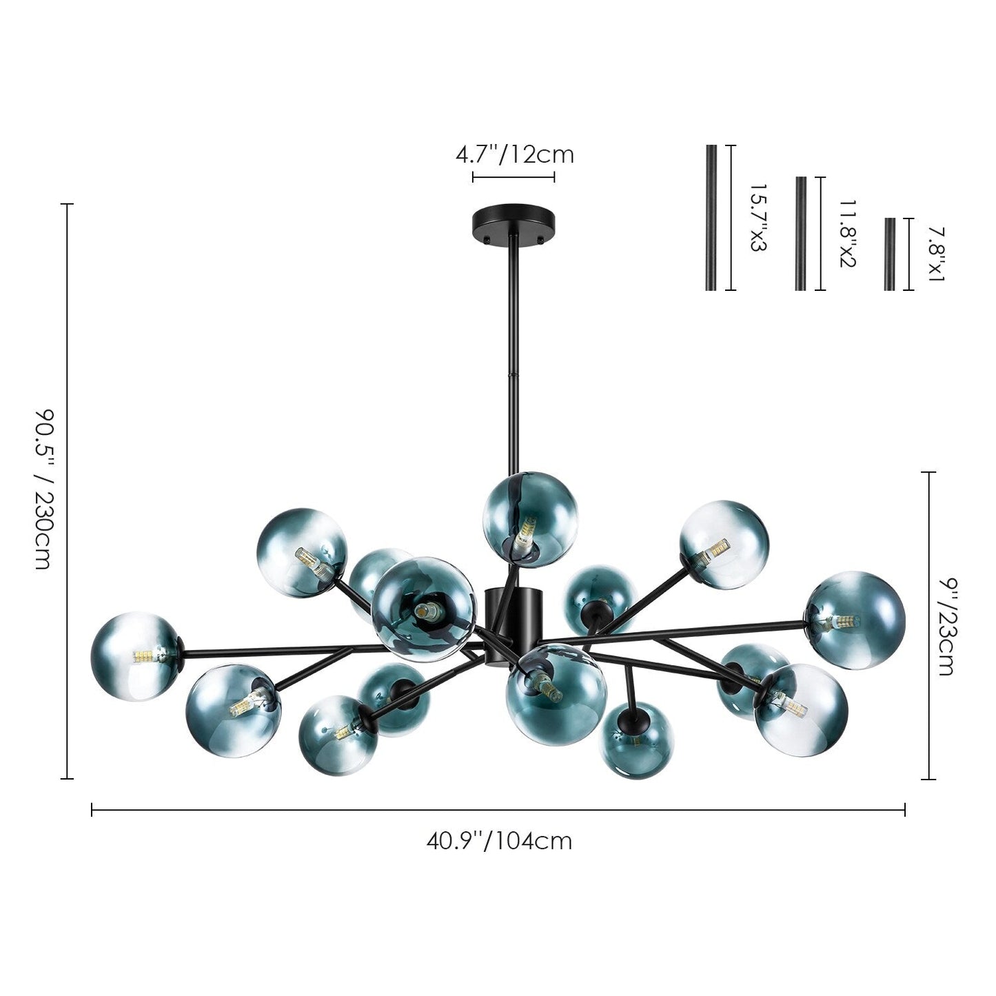 Luminaire à 15 lumières, style moderne, en forme de sputnik, pour îlot de cuisine, avec branches et globes de verre en forme de bulles.