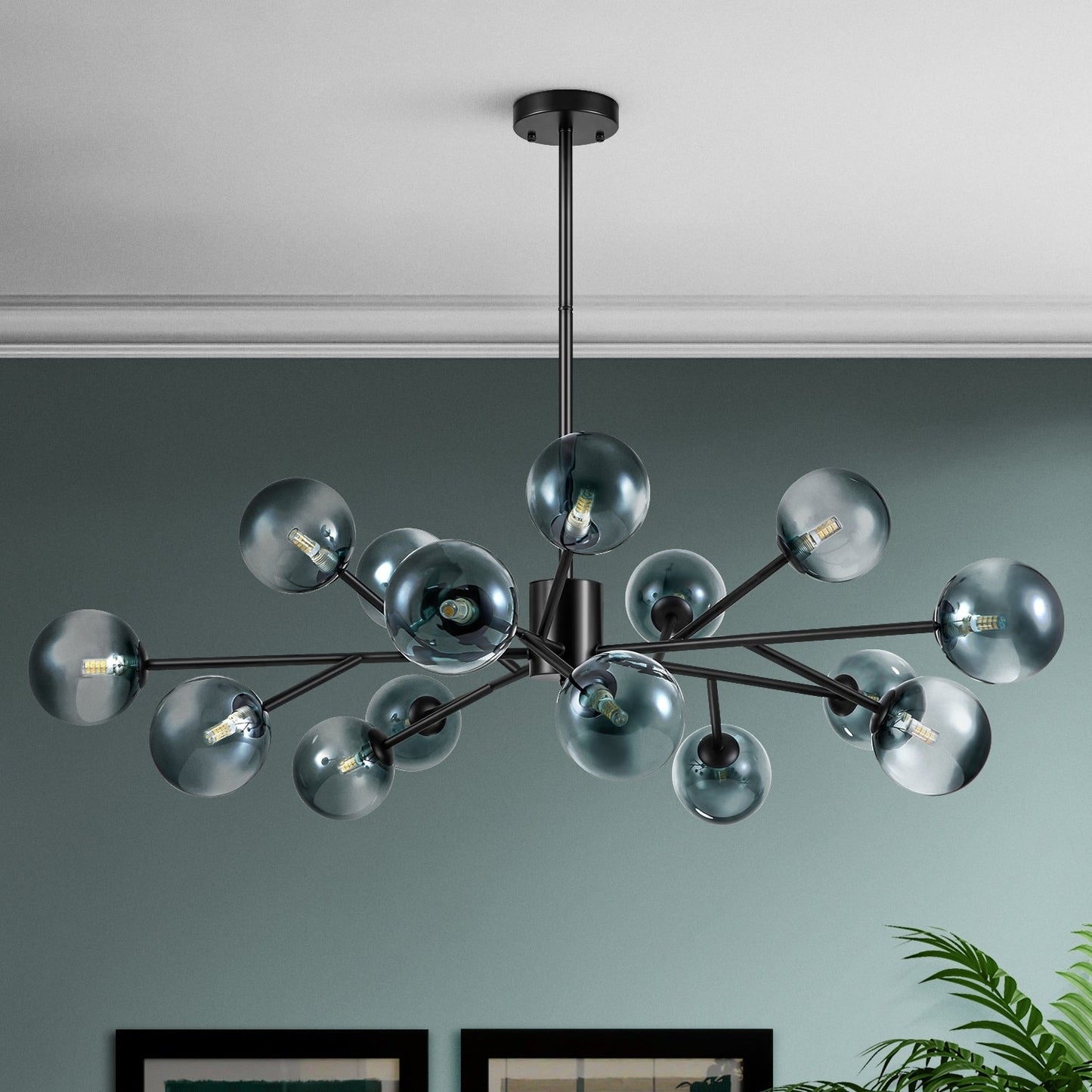 Luminaire à 15 lumières, style moderne, en forme de sputnik, pour îlot de cuisine, avec branches et globes de verre en forme de bulles.