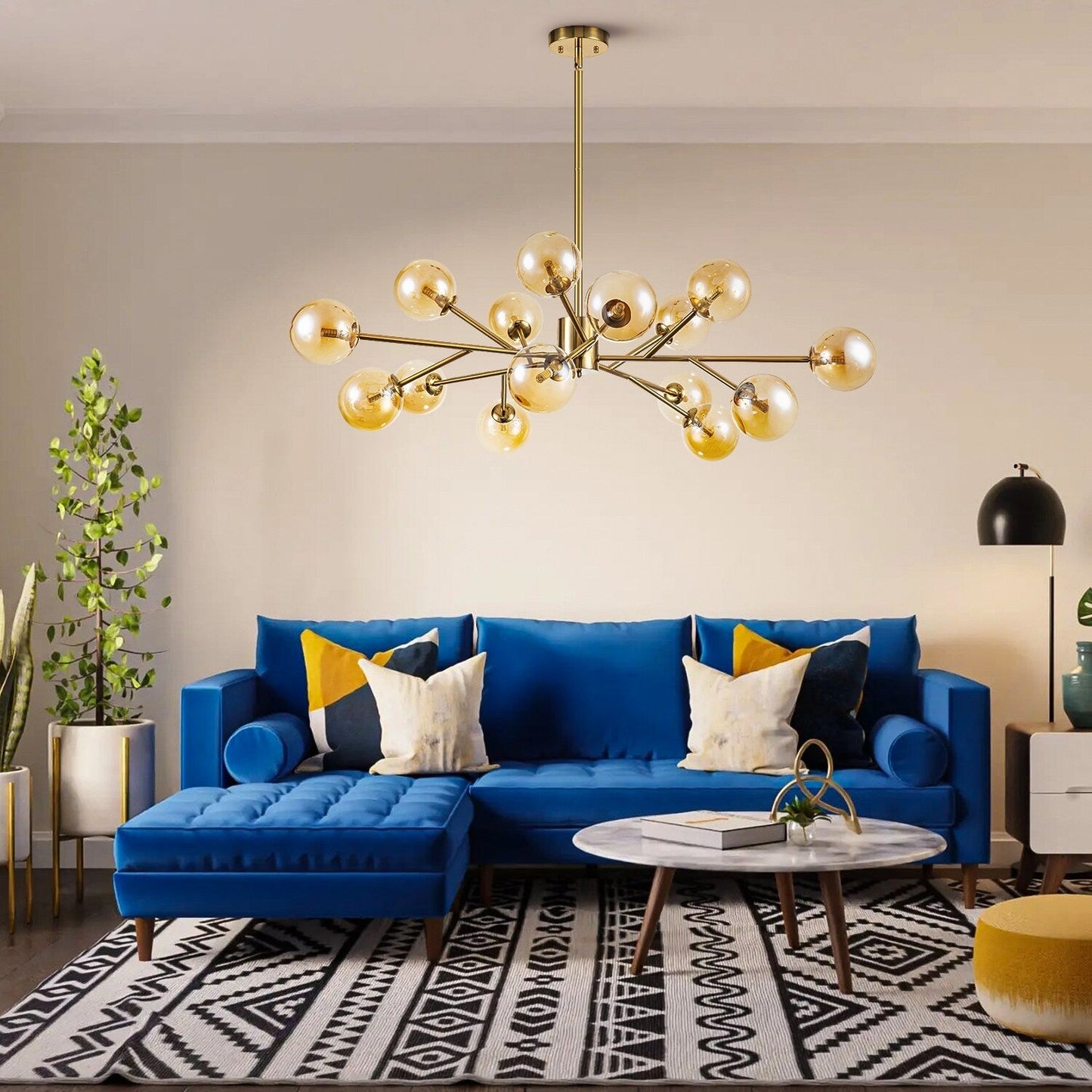 Luminaire à 15 lumières, style moderne, en forme de sputnik, pour îlot de cuisine, avec branches et globes de verre en forme de bulles.