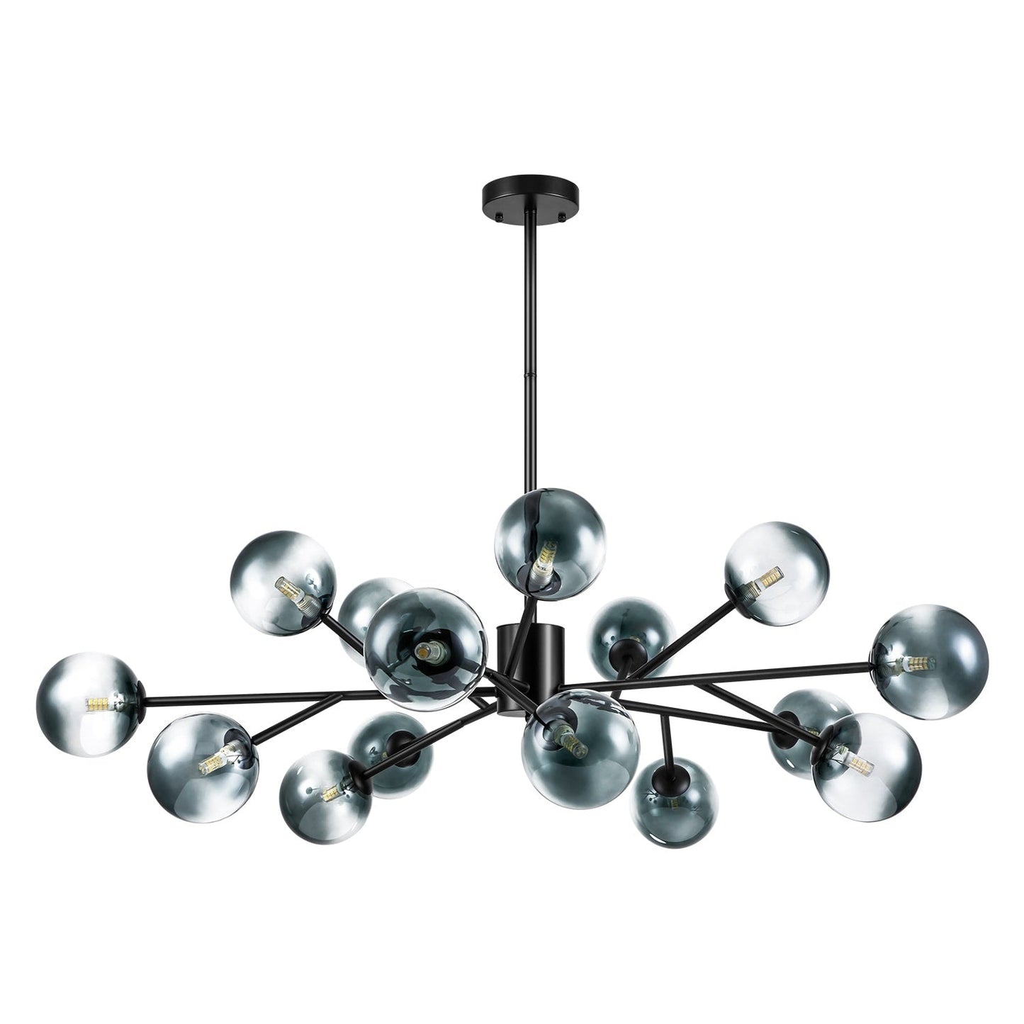 Luminaire à 15 lumières, style moderne, en forme de sputnik, pour îlot de cuisine, avec branches et globes de verre en forme de bulles.