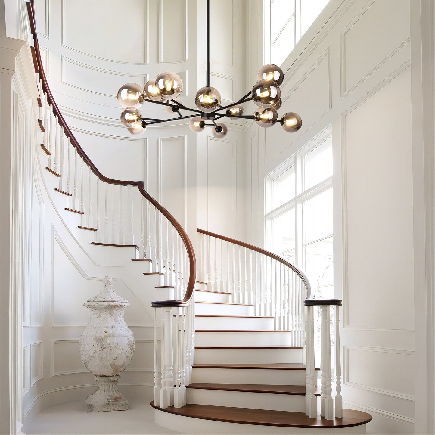 Luminaire à 15 lumières, style moderne, en forme de sputnik, pour îlot de cuisine, avec branches et globes de verre en forme de bulles.