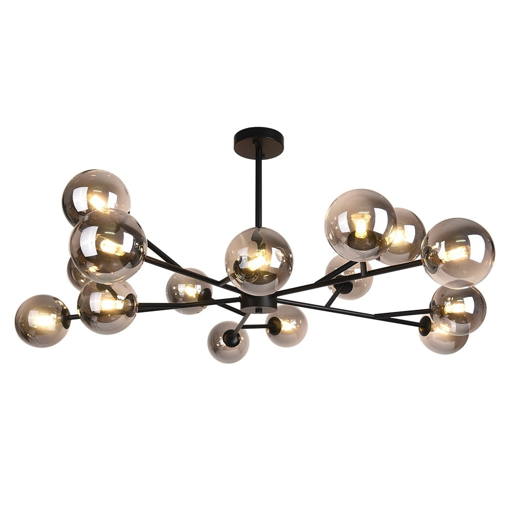 Luminaire à 15 lumières, style moderne, en forme de sputnik, pour îlot de cuisine, avec branches et globes de verre en forme de bulles.