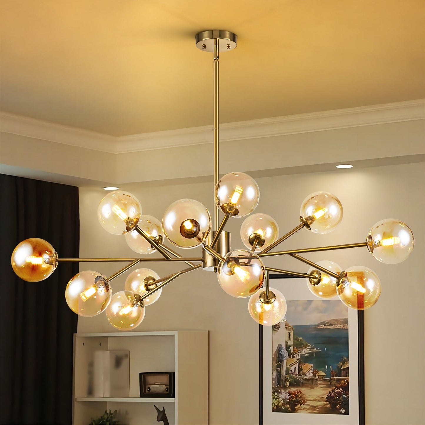 Luminaire à 15 lumières, style moderne, en forme de sputnik, pour îlot de cuisine, avec branches et globes de verre en forme de bulles.