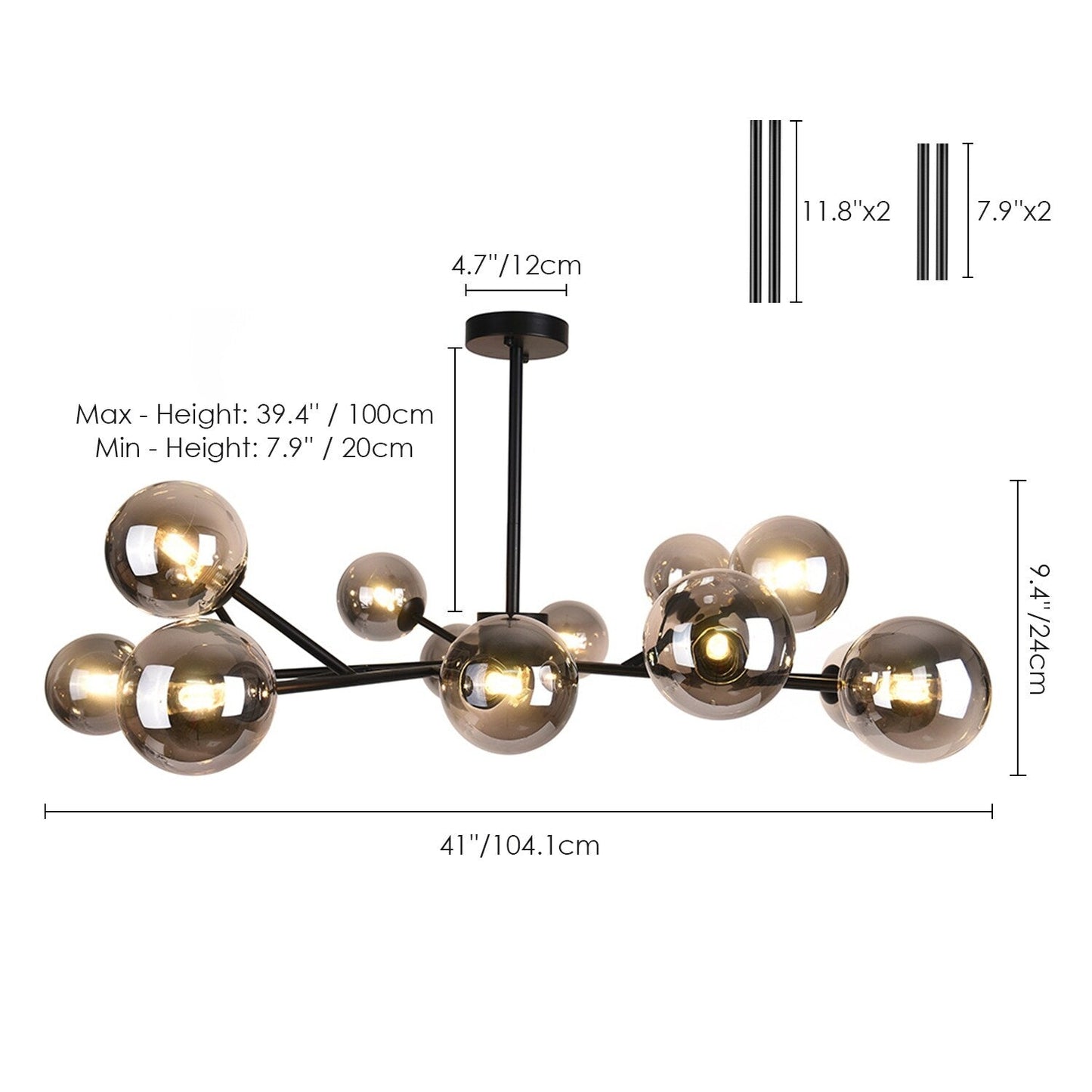 Luminaire à 15 lumières, style moderne, en forme de sputnik, pour îlot de cuisine, avec branches et globes de verre en forme de bulles.