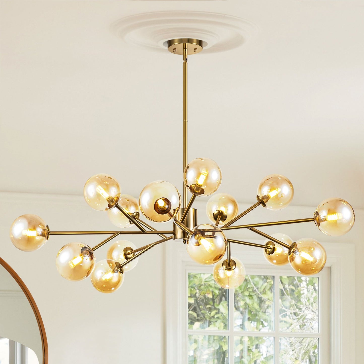 Luminaire à 15 lumières, style moderne, en forme de sputnik, pour îlot de cuisine, avec branches et globes de verre en forme de bulles.