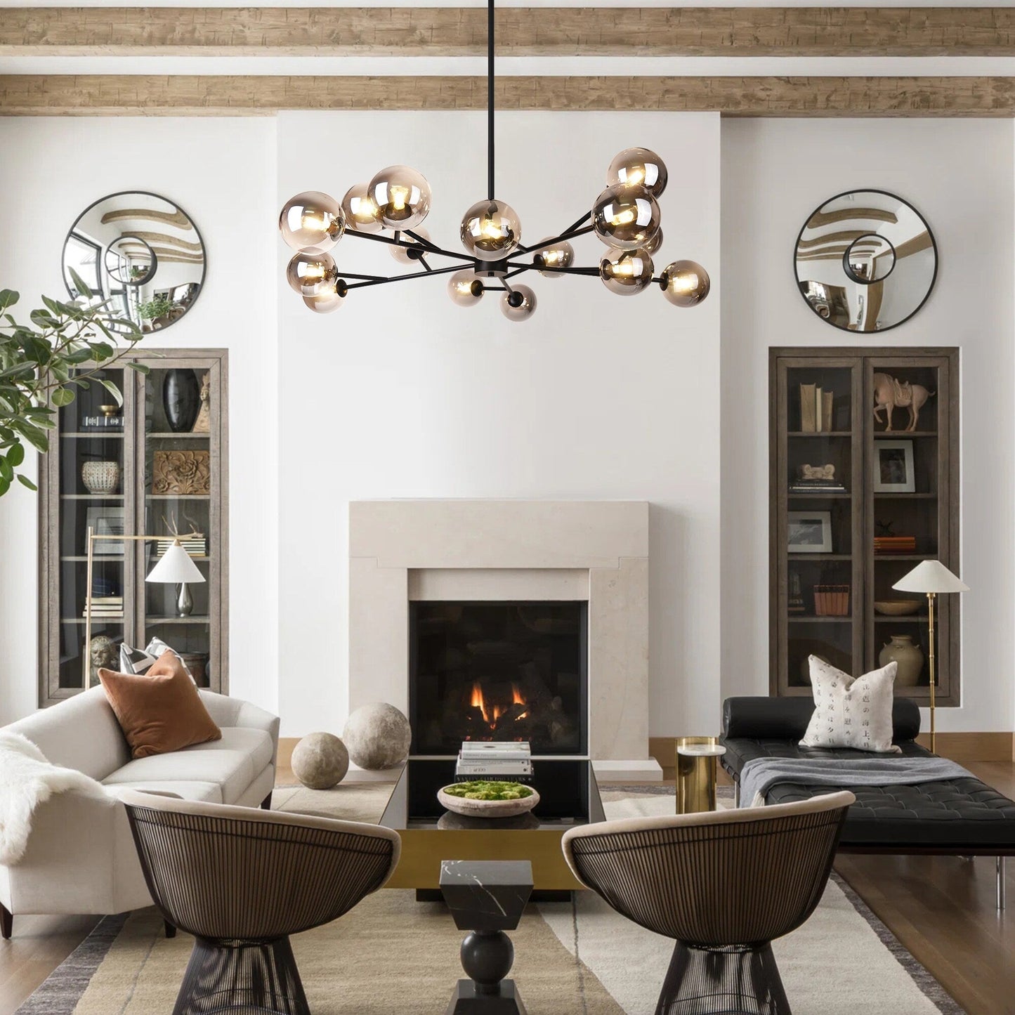Luminaire à 15 lumières, style moderne, en forme de sputnik, pour îlot de cuisine, avec branches et globes de verre en forme de bulles.