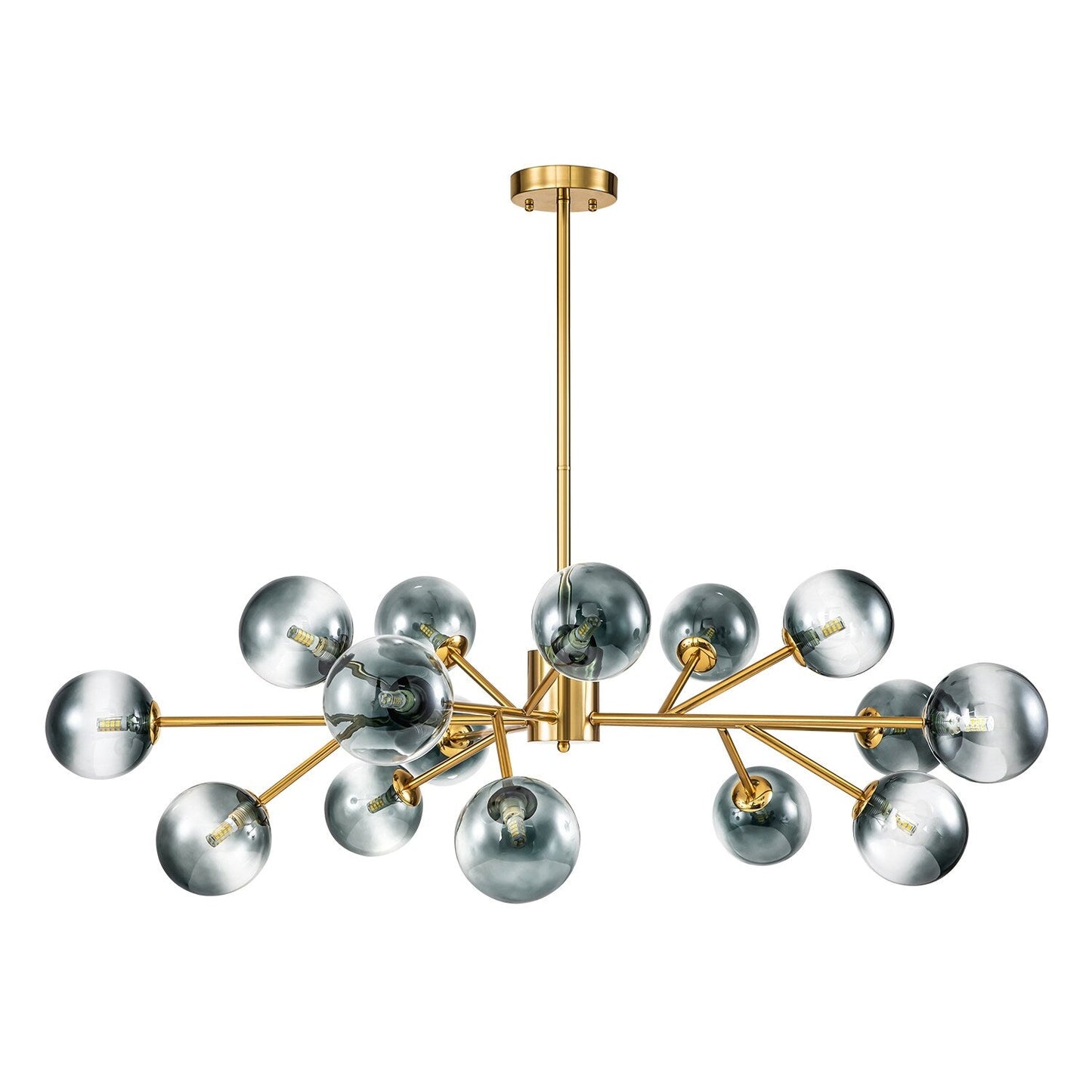 Luminaire à 15 lumières, style moderne, en forme de sputnik, pour îlot de cuisine, avec branches et globes de verre en forme de bulles.