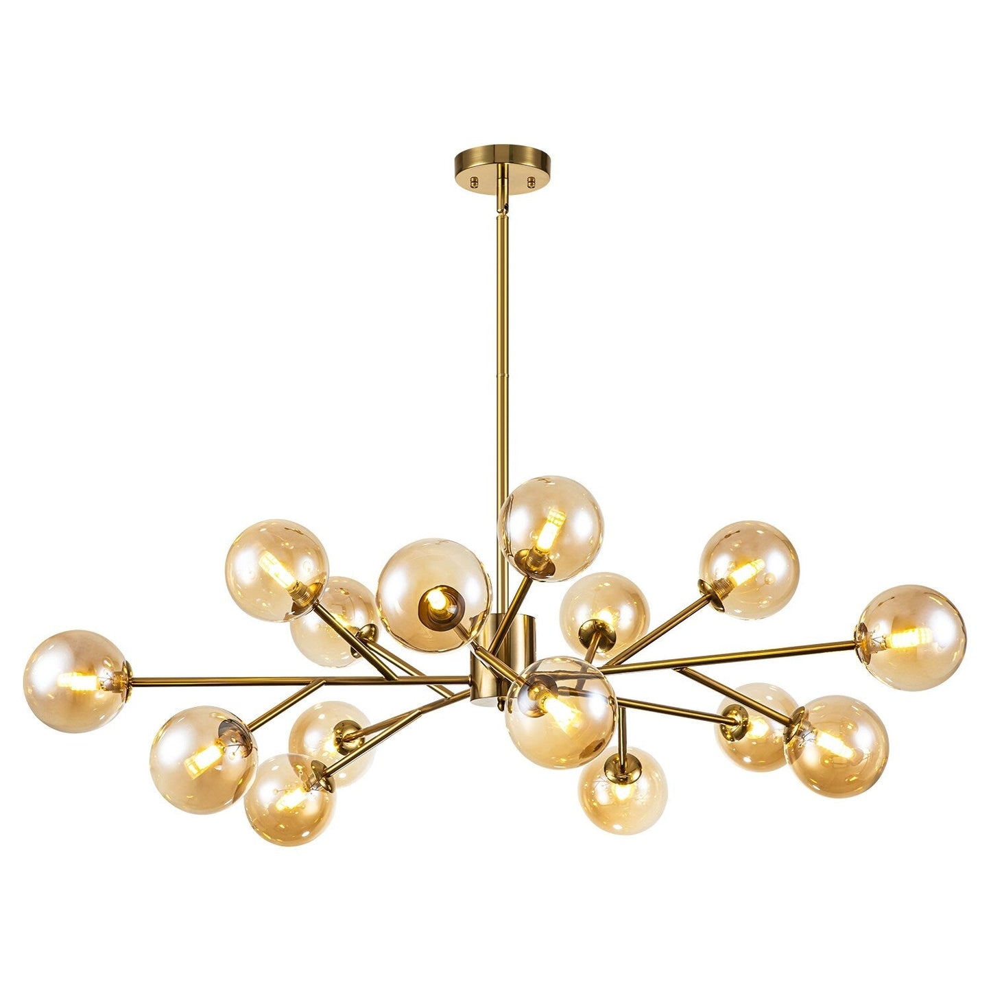 Luminaire à 15 lumières, style moderne, en forme de sputnik, pour îlot de cuisine, avec branches et globes de verre en forme de bulles.