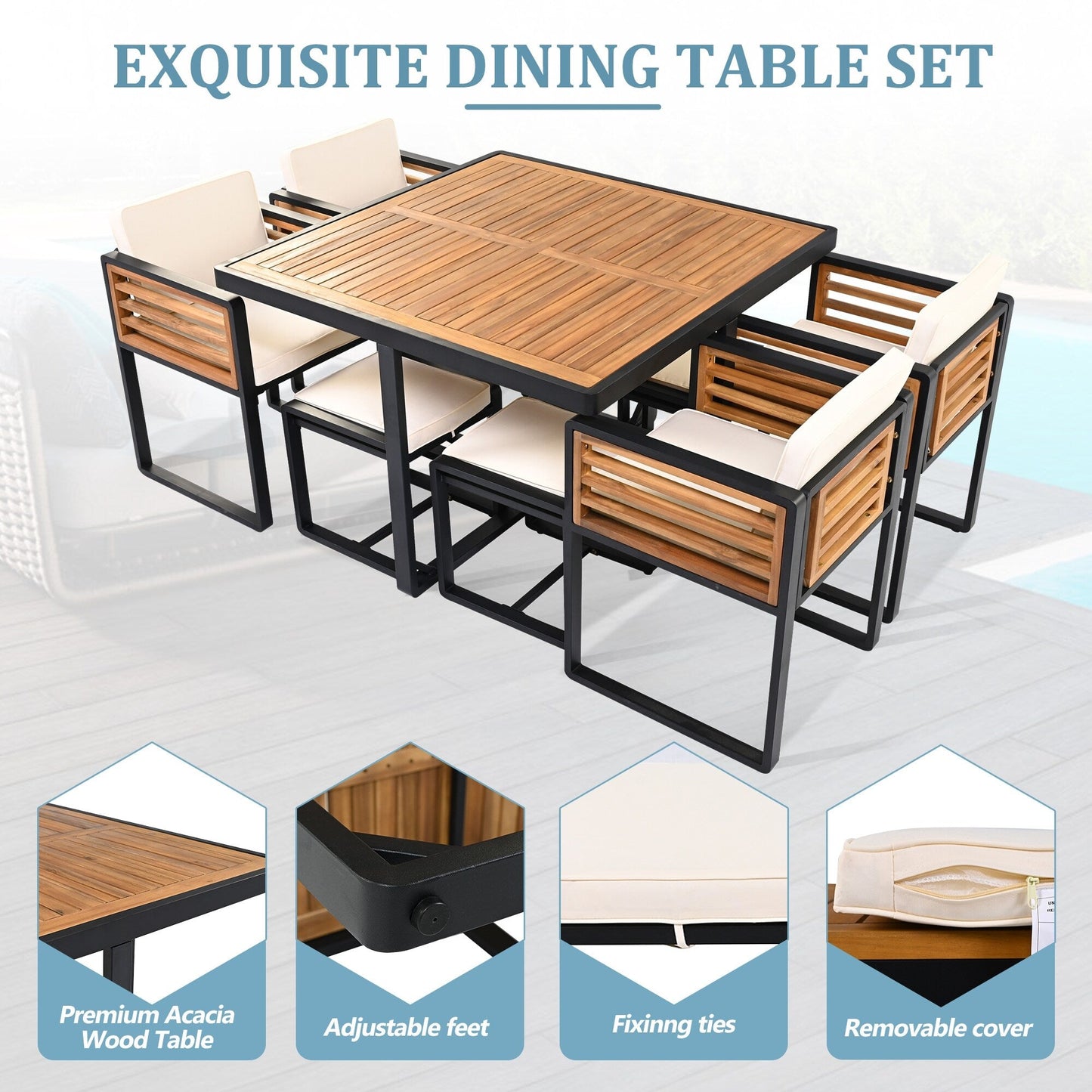 Ensemble de repas de patio en bois d'acacia de 18 pièces, comprenant 8 chaises avec coussins, 8 poufs et 2 tables carrées.