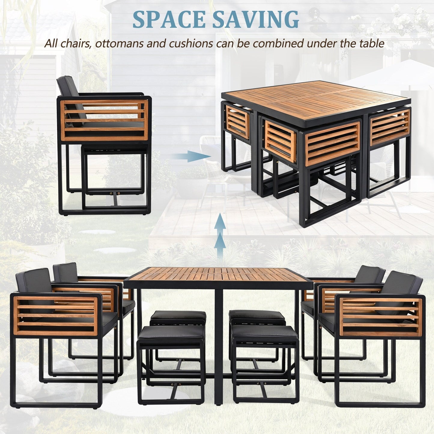 Ensemble de repas de patio en bois d'acacia de 18 pièces, comprenant 8 chaises avec coussins, 8 poufs et 2 tables carrées.