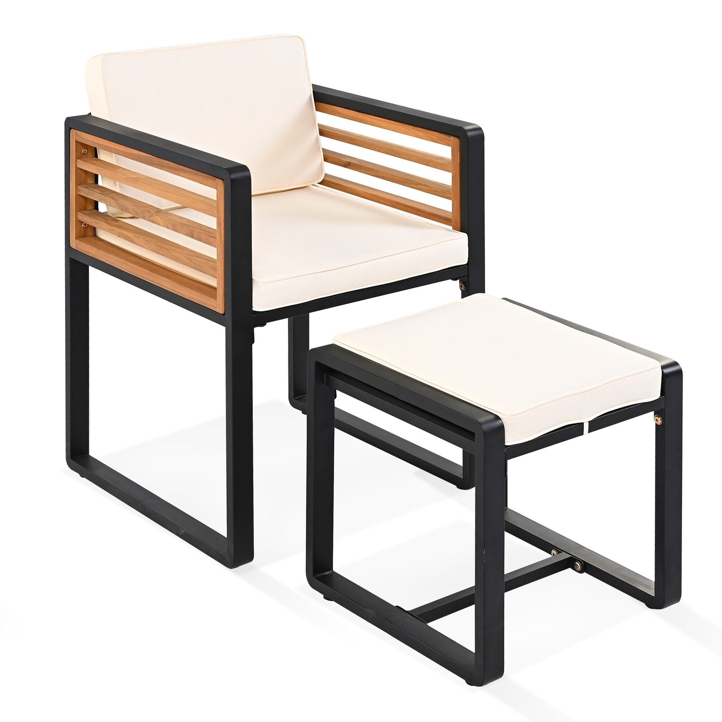 Ensemble de repas de patio en bois d'acacia de 18 pièces, comprenant 8 chaises avec coussins, 8 poufs et 2 tables carrées.