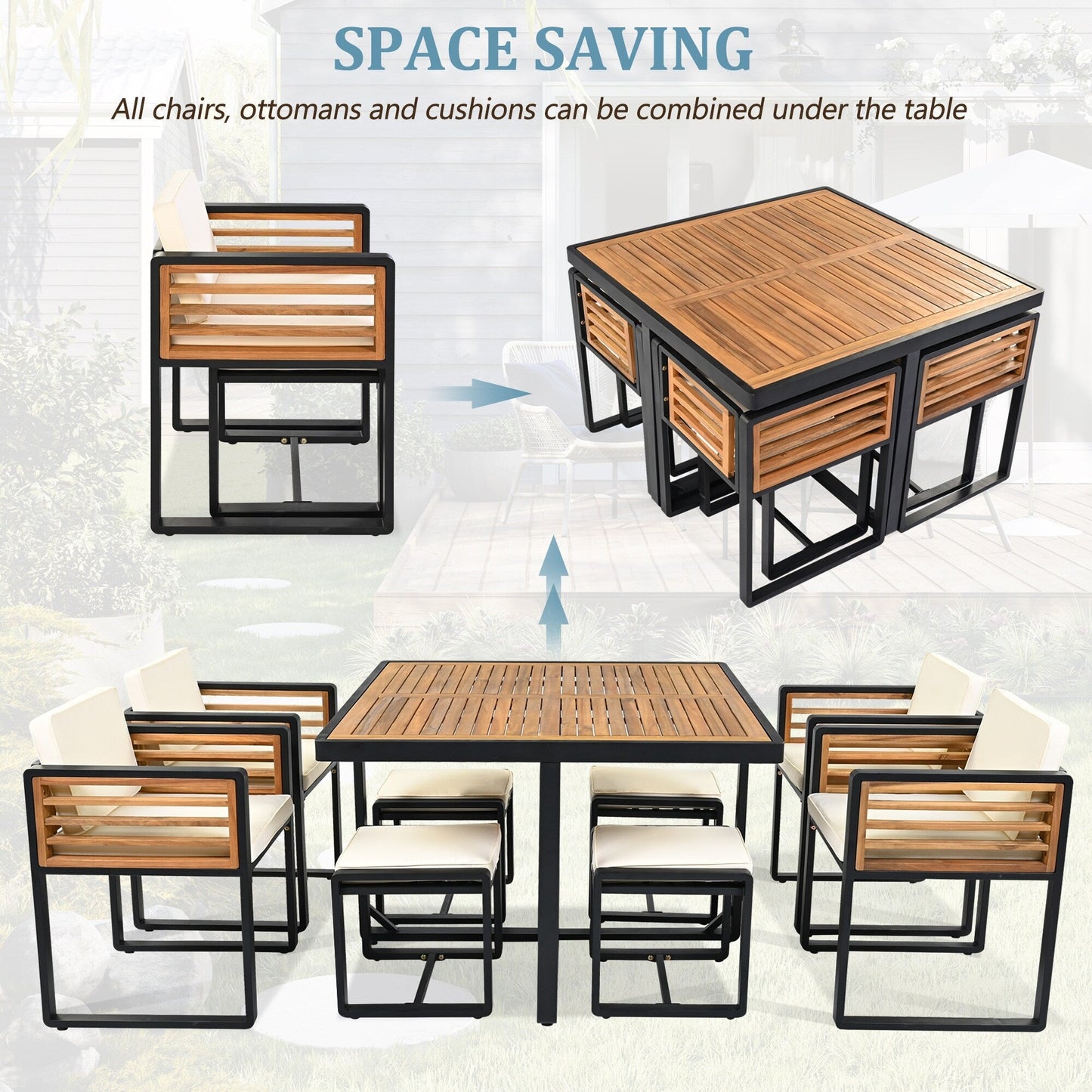 Ensemble de repas de patio en bois d'acacia de 18 pièces, comprenant 8 chaises avec coussins, 8 poufs et 2 tables carrées.