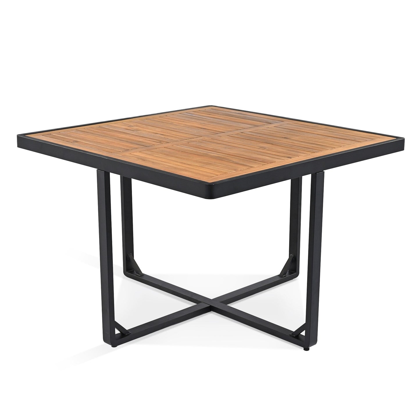 Ensemble de repas de patio en bois d'acacia de 18 pièces, comprenant 8 chaises avec coussins, 8 poufs et 2 tables carrées.