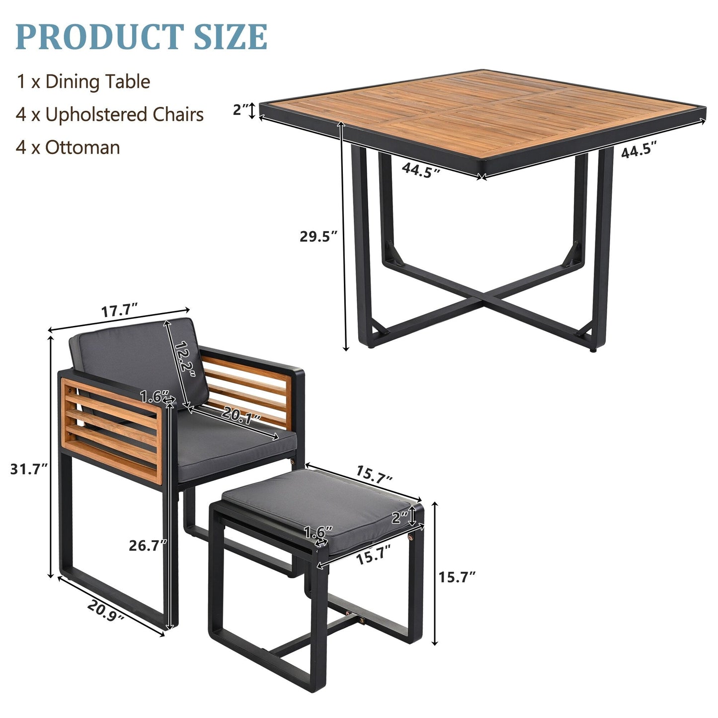 Ensemble de repas de patio en bois d'acacia de 18 pièces, comprenant 8 chaises avec coussins, 8 poufs et 2 tables carrées.
