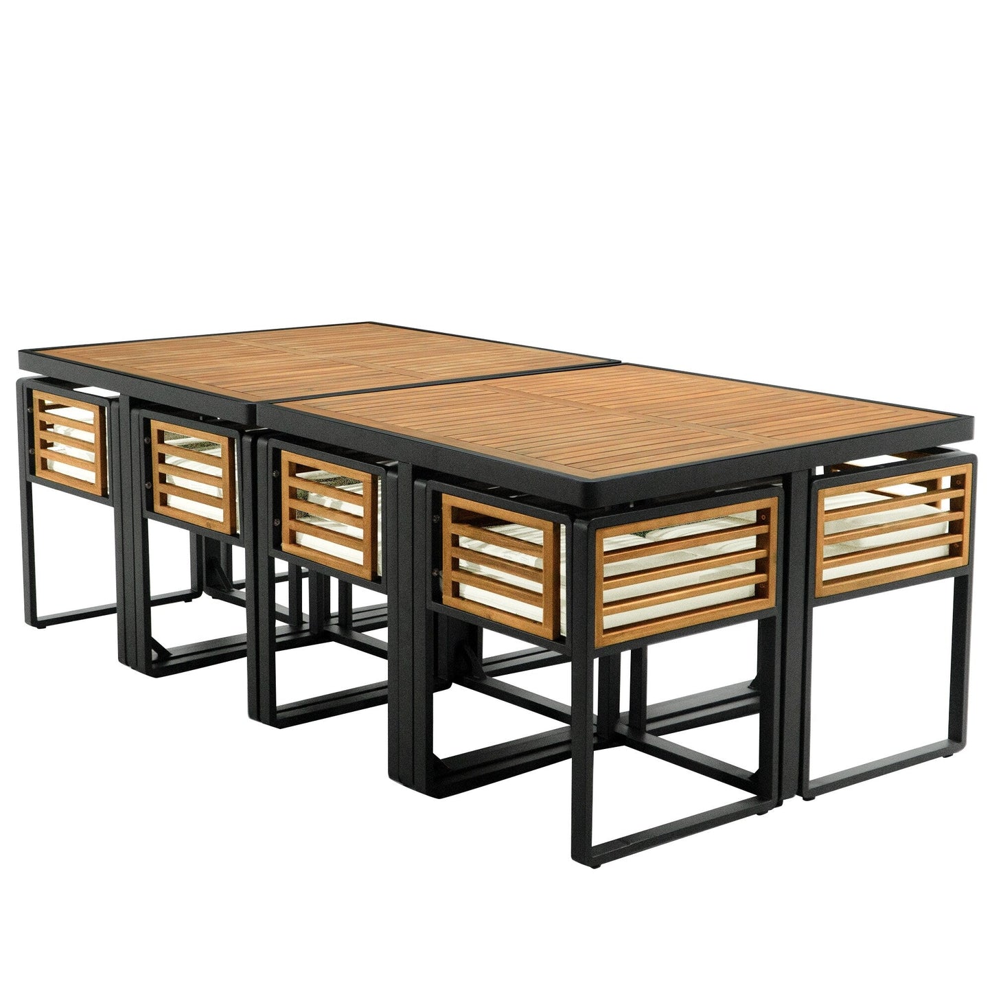 Ensemble de repas de patio en bois d'acacia de 18 pièces, comprenant 8 chaises avec coussins, 8 poufs et 2 tables carrées.