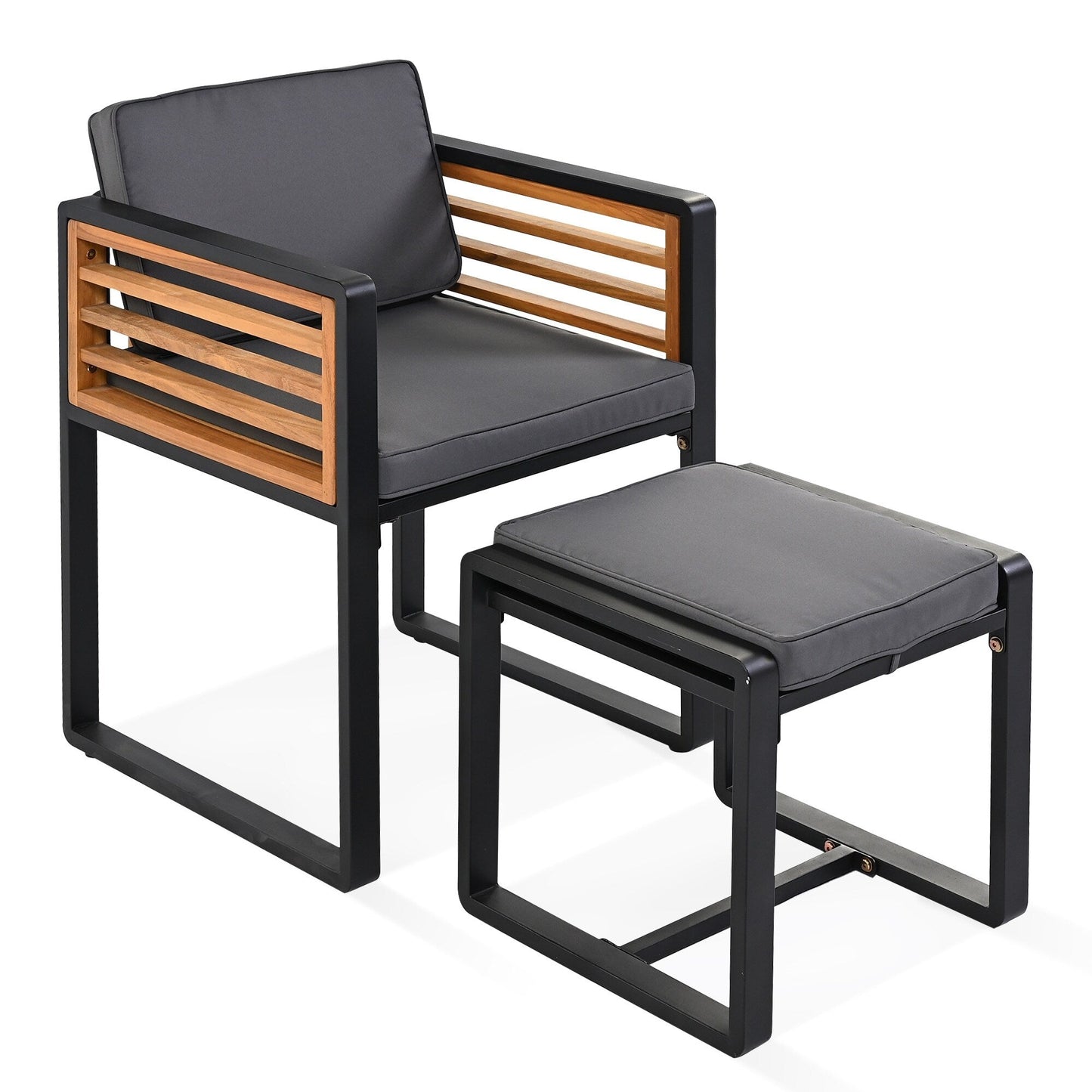 Ensemble de repas de patio en bois d'acacia de 18 pièces, comprenant 8 chaises avec coussins, 8 poufs et 2 tables carrées.