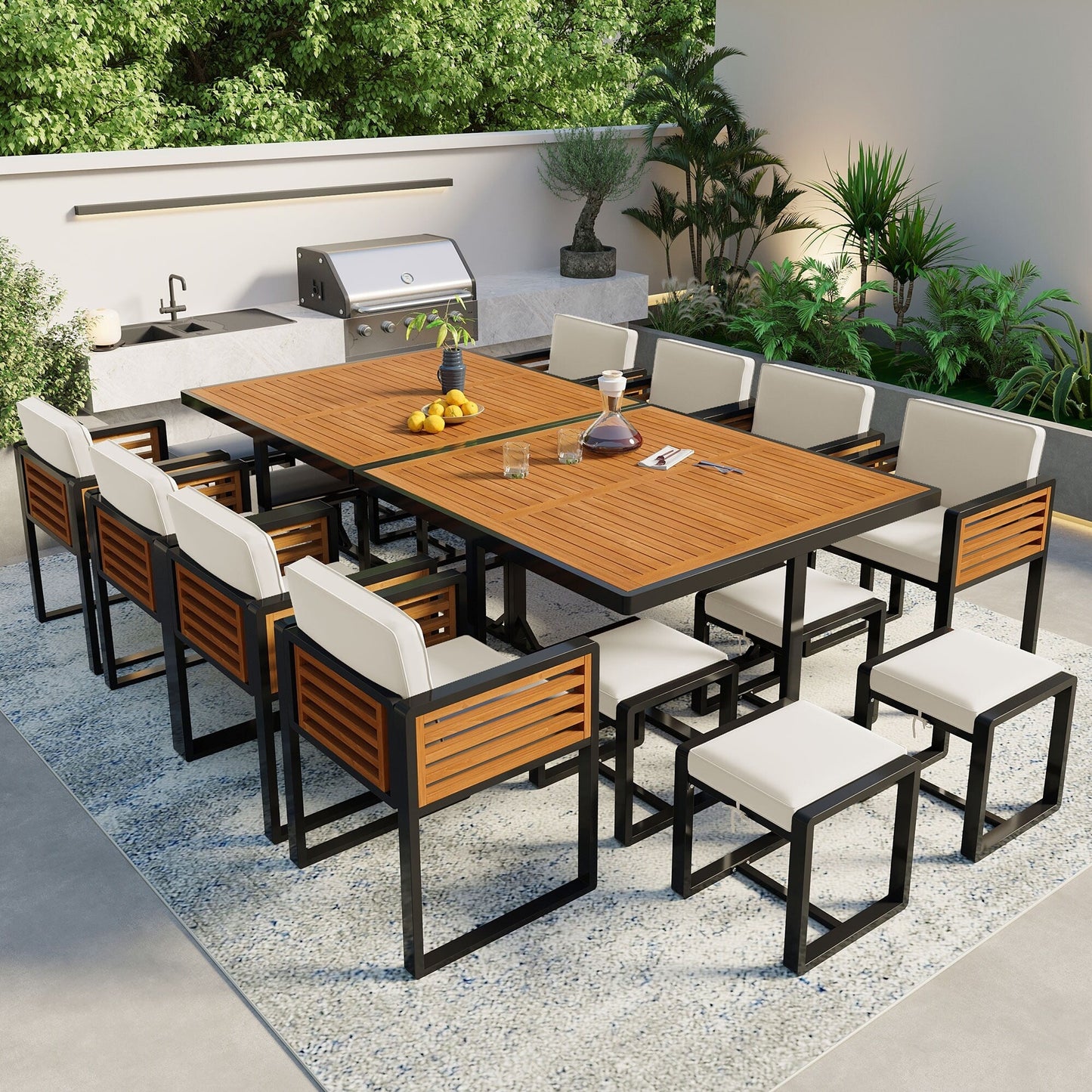 Ensemble de repas de patio en bois d'acacia de 18 pièces, comprenant 8 chaises avec coussins, 8 poufs et 2 tables carrées.