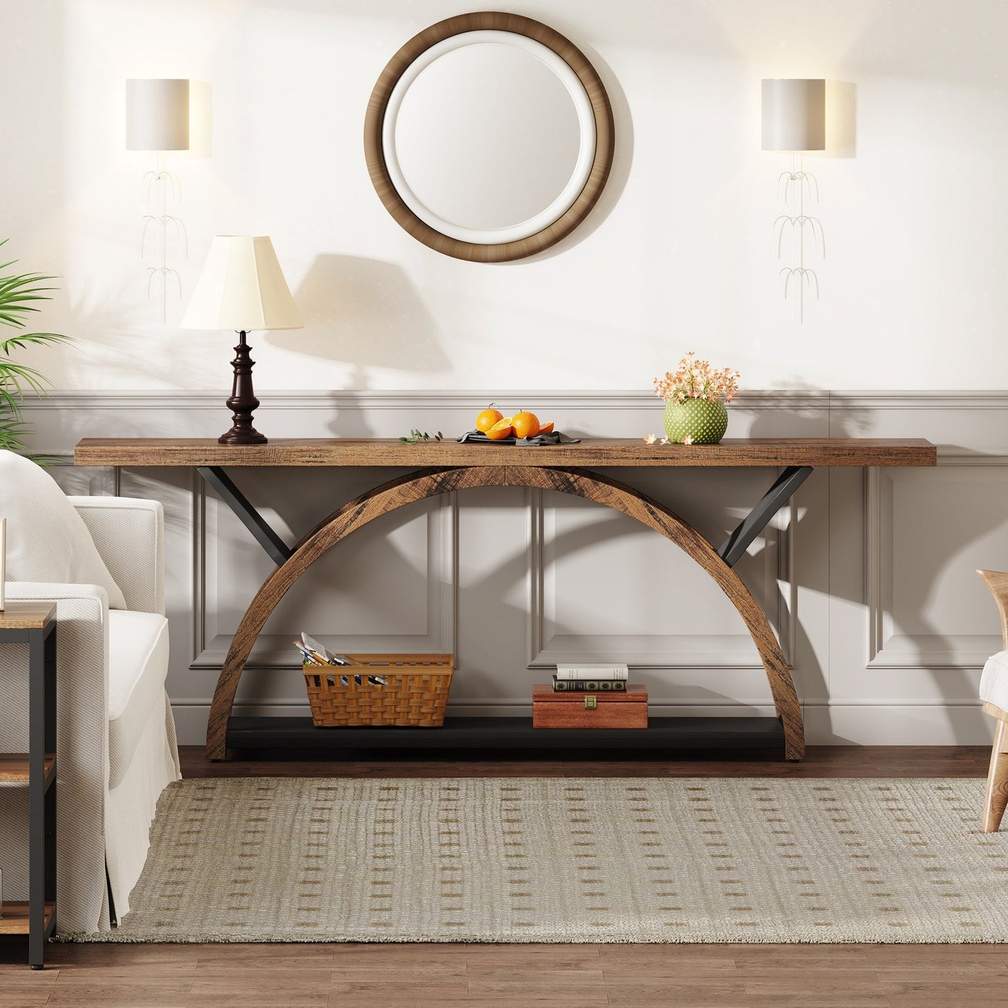 Table console de canapé étroite et longue à 2 niveaux avec cadre semi-circulaire pour entrée, tables d'appoint de couloir grises