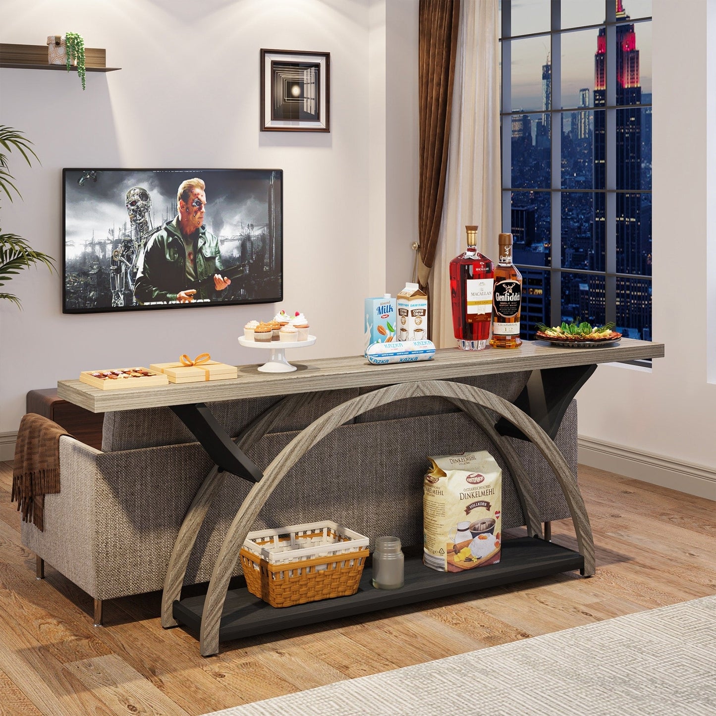 Table console de canapé étroite et longue à 2 niveaux avec cadre semi-circulaire pour entrée, tables d'appoint de couloir grises