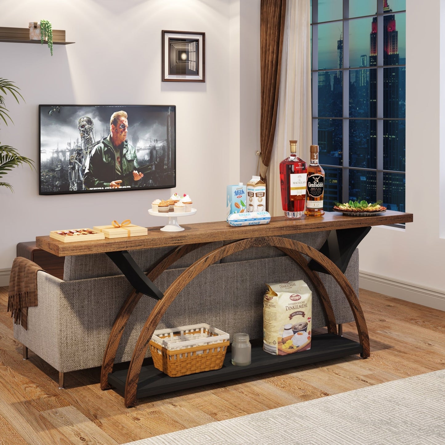 Table console de canapé étroite et longue à 2 niveaux avec cadre semi-circulaire pour entrée, tables d'appoint de couloir grises