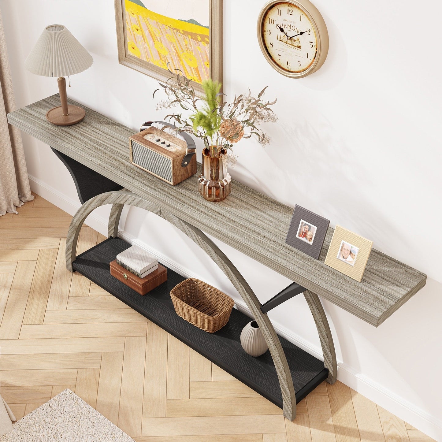 Table console de canapé étroite et longue à 2 niveaux avec cadre semi-circulaire pour entrée, tables d'appoint de couloir grises