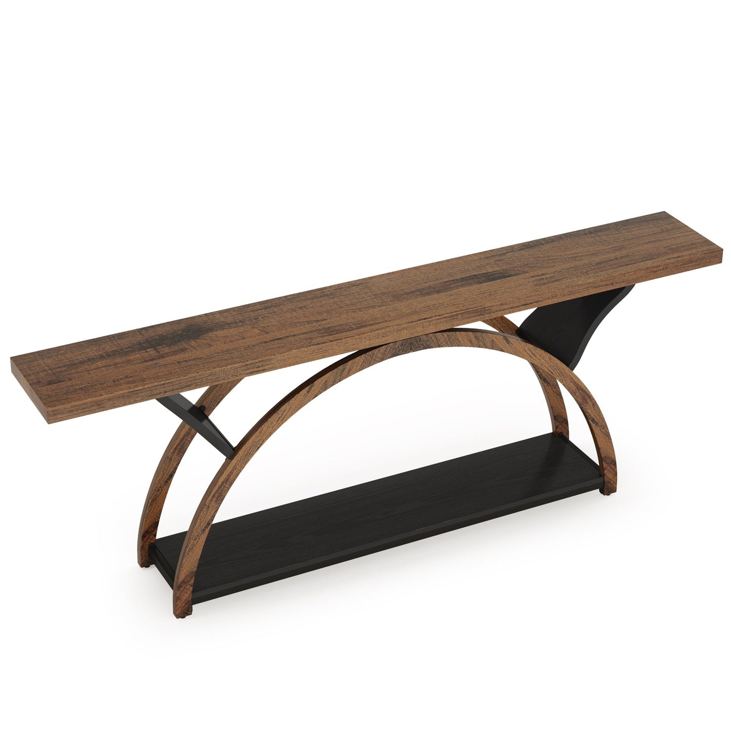 Table console de canapé étroite et longue à 2 niveaux avec cadre semi-circulaire pour entrée, tables d'appoint de couloir grises