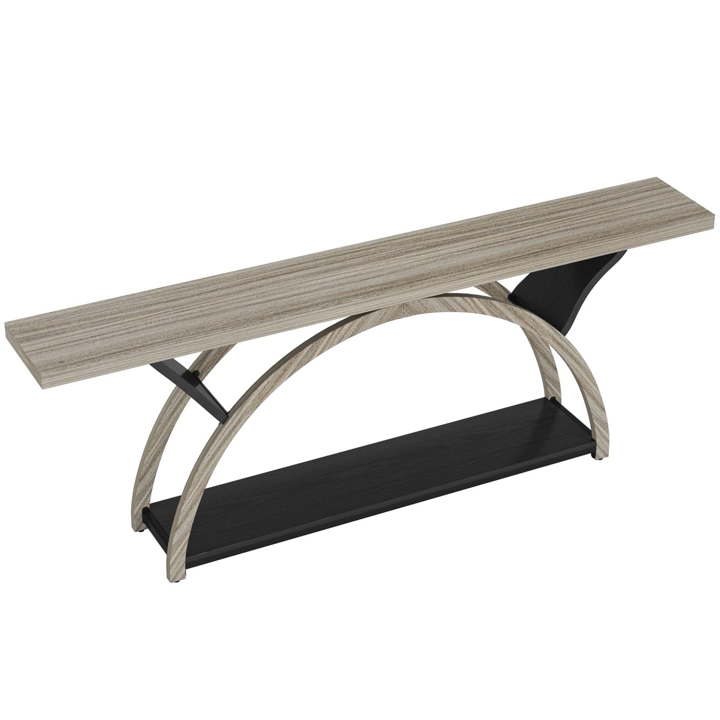 Table console de canapé étroite et longue à 2 niveaux avec cadre semi-circulaire pour entrée, tables d'appoint de couloir grises