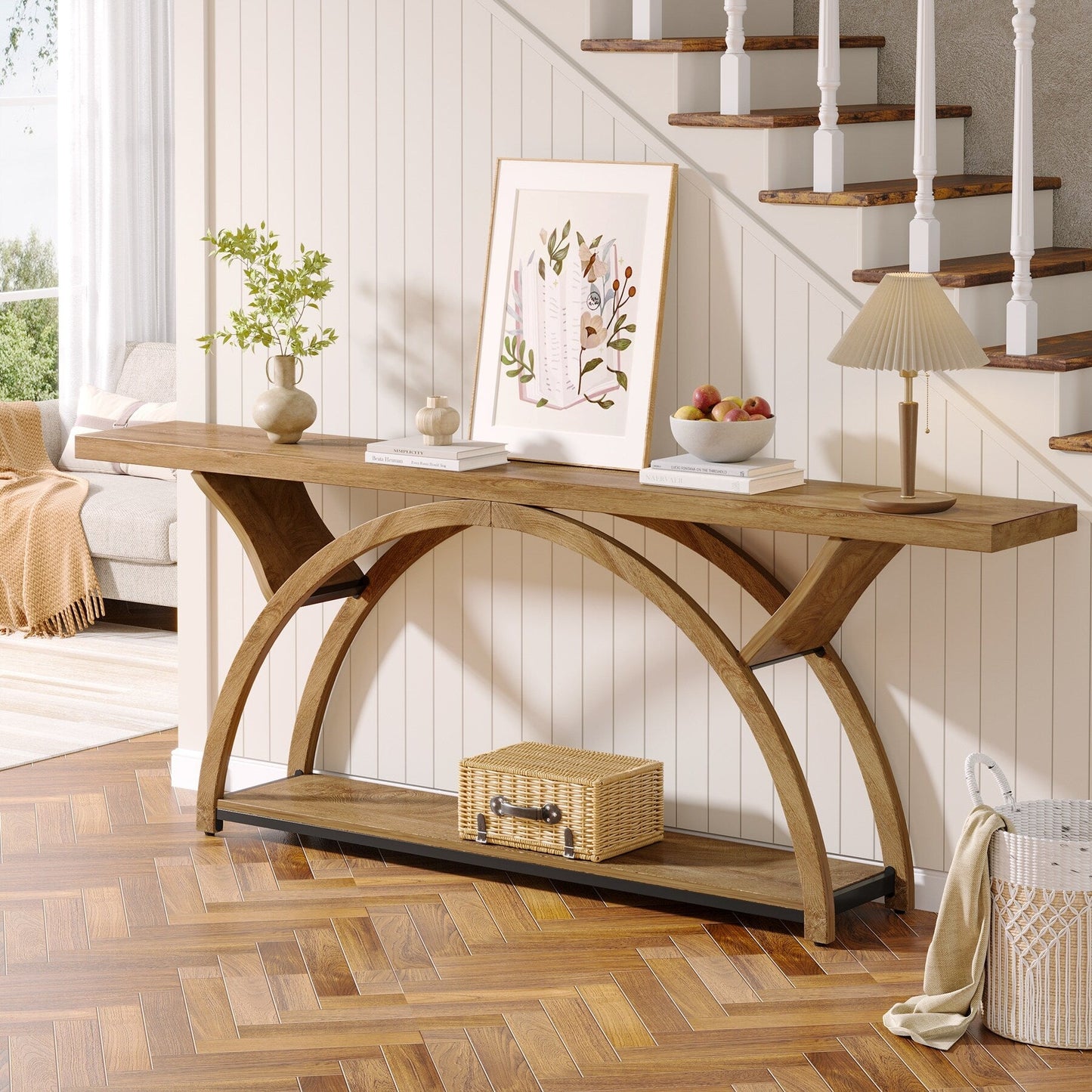 Table console de canapé étroite et longue à 2 niveaux avec cadre semi-circulaire pour entrée, tables d'appoint de couloir grises